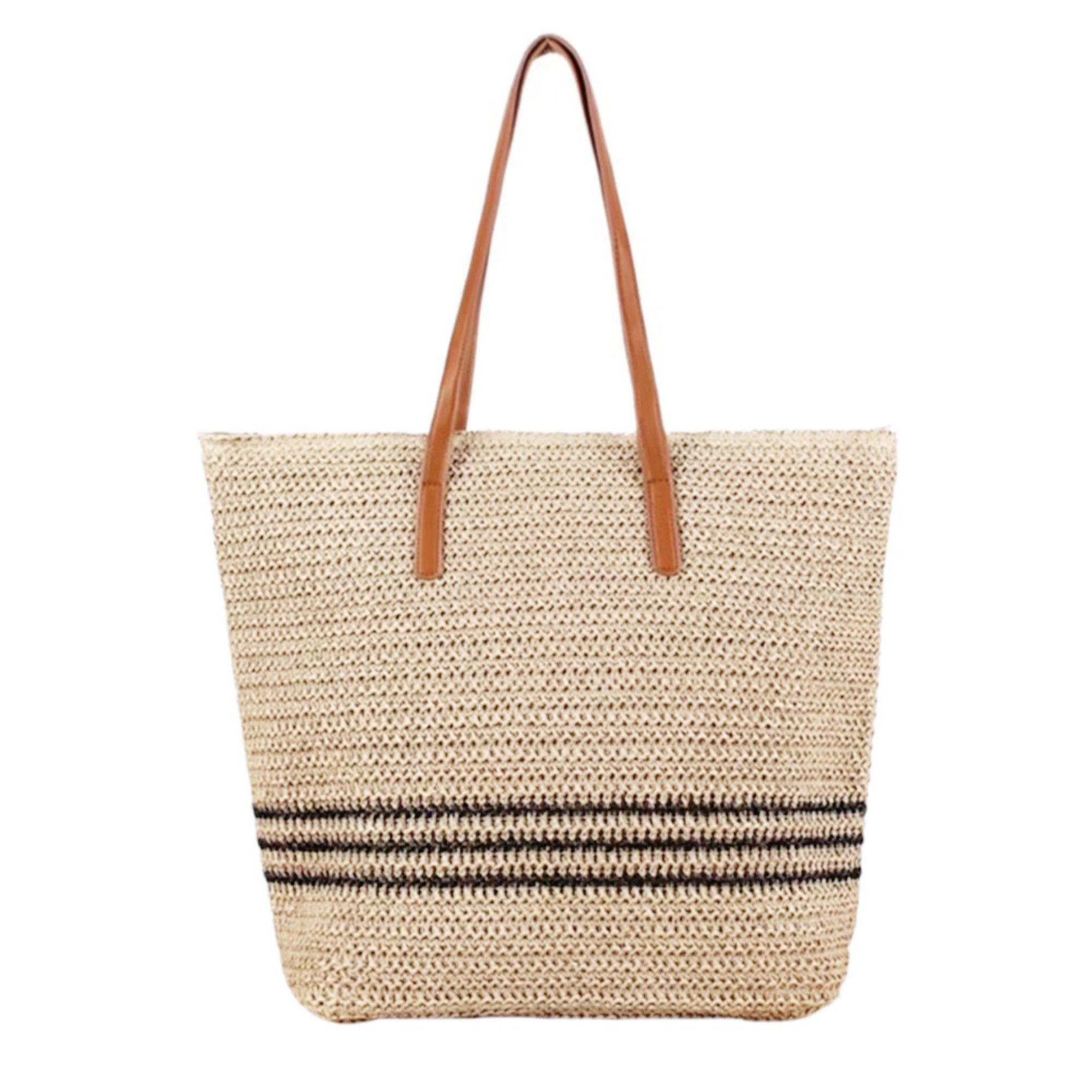 Alilang Women's Woven Crochet Tote Bag with Striped Pattern Leather Shoulder Strap Lightweight Large Capacity Handbag