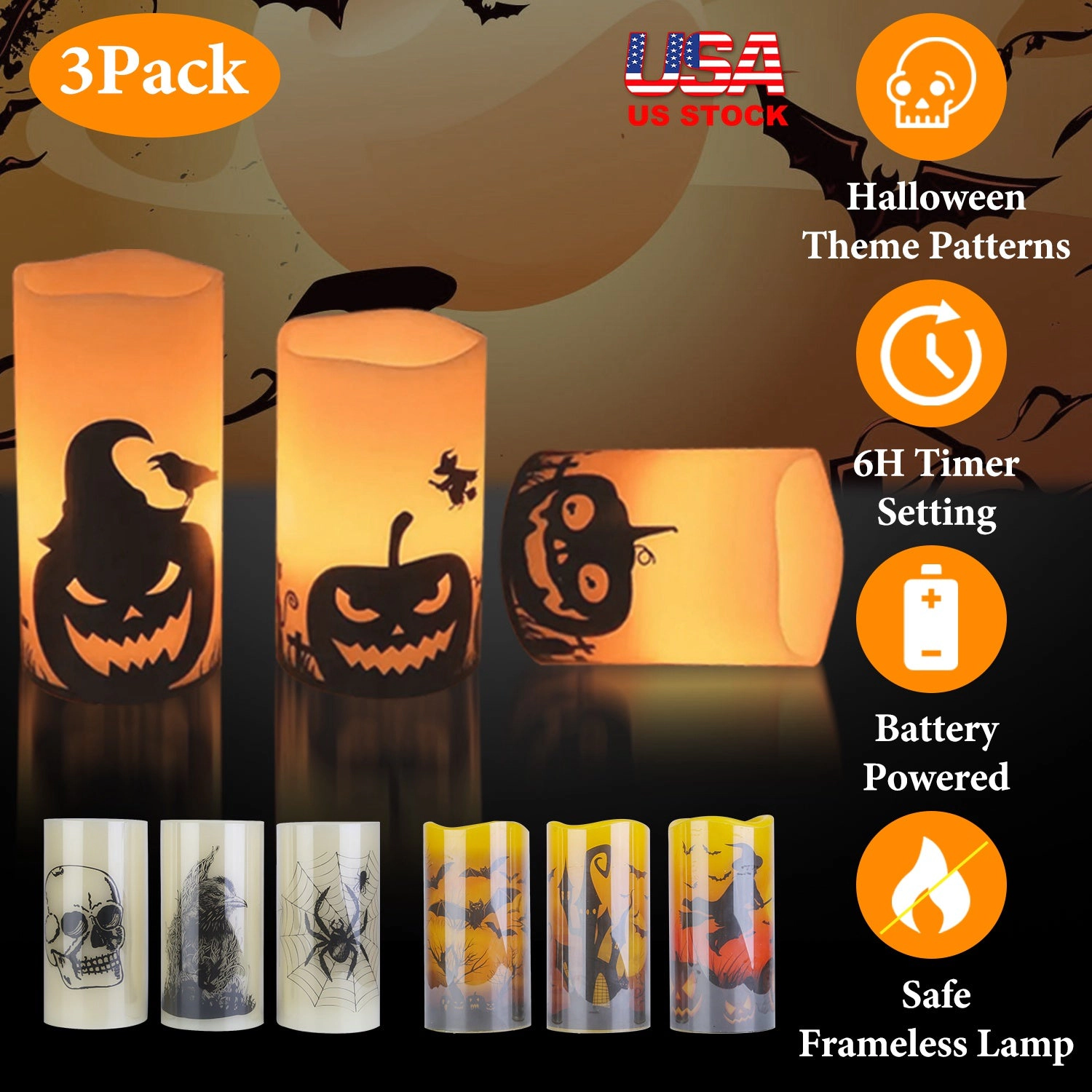 GBruno 3-Pack Timer Halloween Flameless Candle Lamps