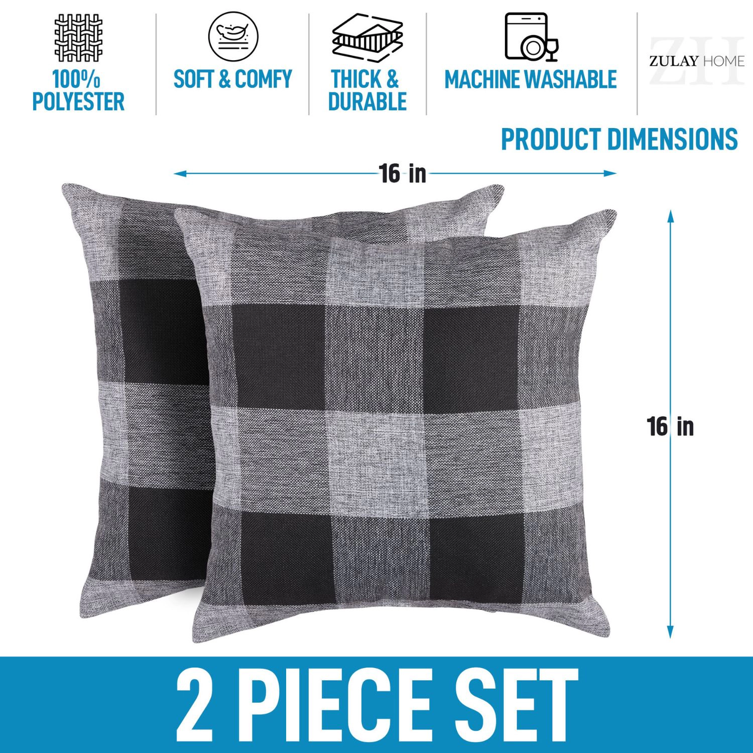 Zulay Home Pack of 2 Buffalo Plaid Throw Pillow Covers 16 x Inches