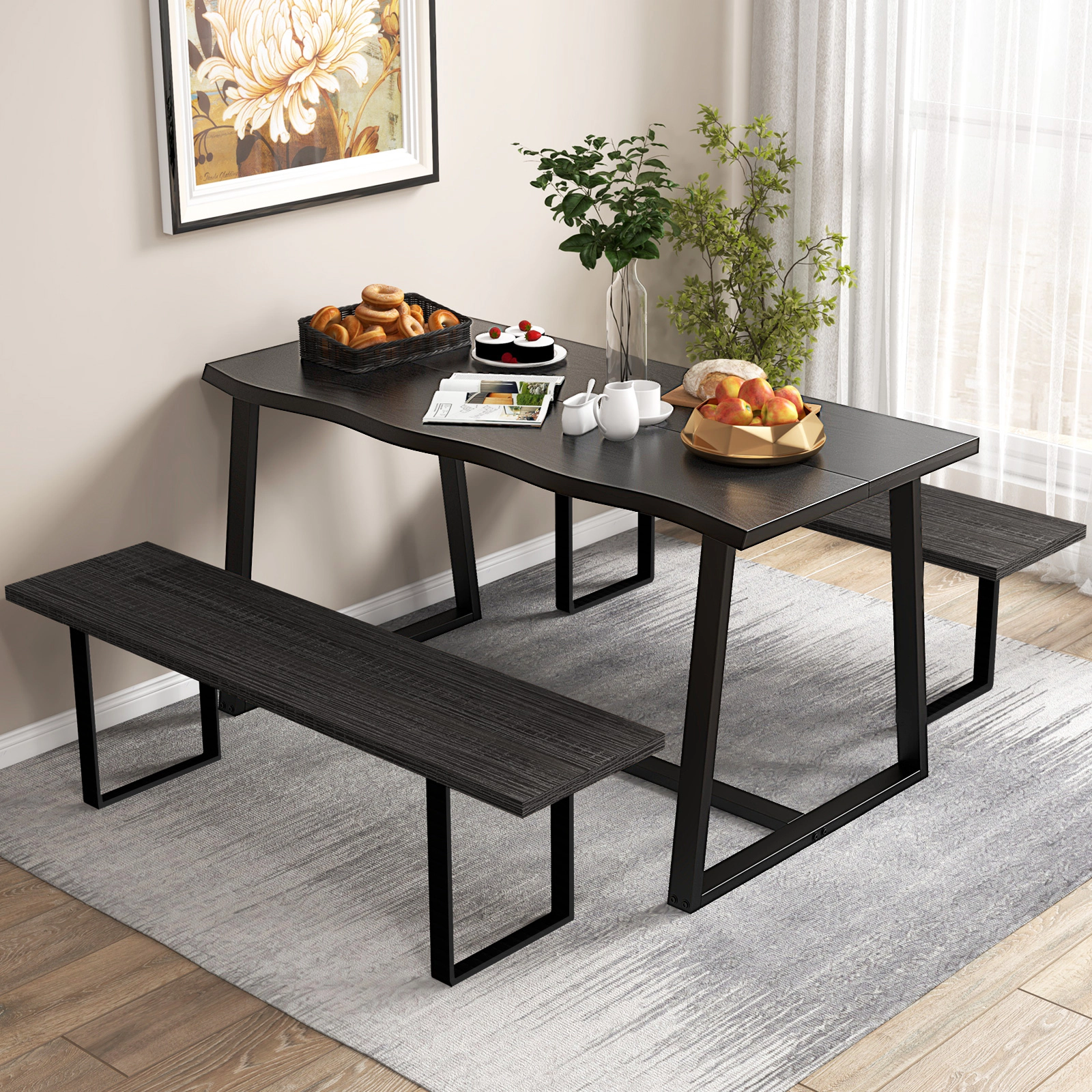 SUGIFT 63-in Large Wavy Edge MDF Dining Table with Heavy-Duty Metal Frame 220-lb Capacity Seats 4-6 Coffee/Black