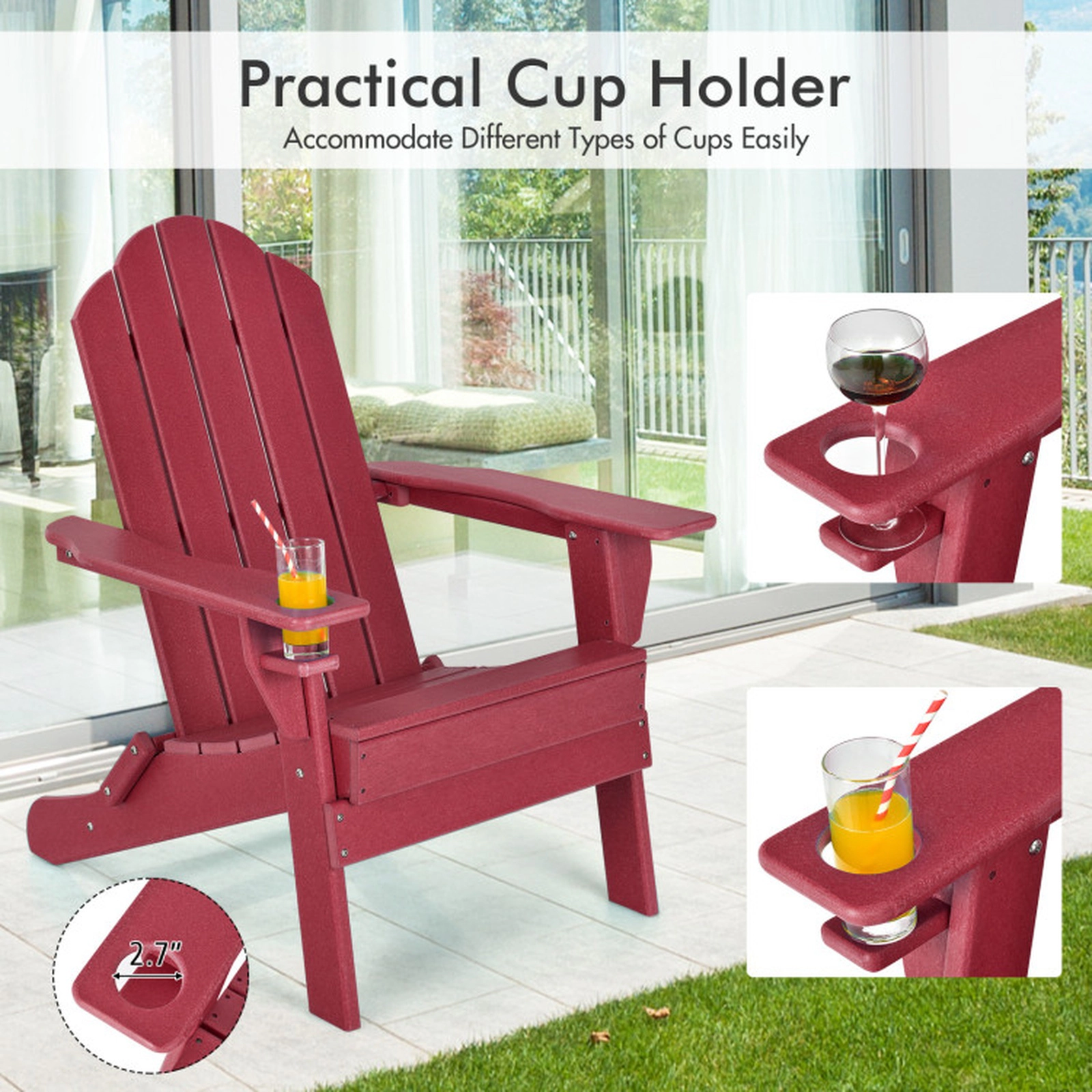 SUGIFT 330-lb Capacity Red Fade Resistant PE Folding Adirondack Chair with Built-in Cup Holder and Oversized Seat