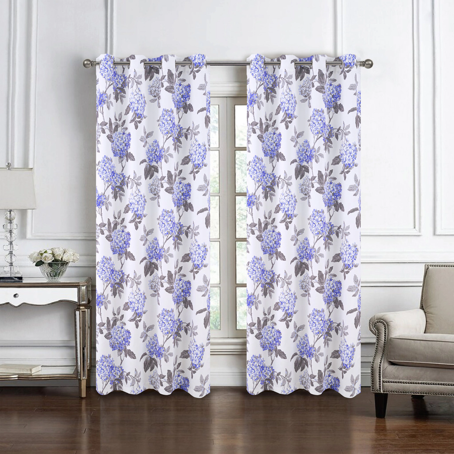 Olivia Gray 100% Polyester 200 GSM Hydrangea Printed Blackout Grommet Curtain Panel 54" x 84" Lilac