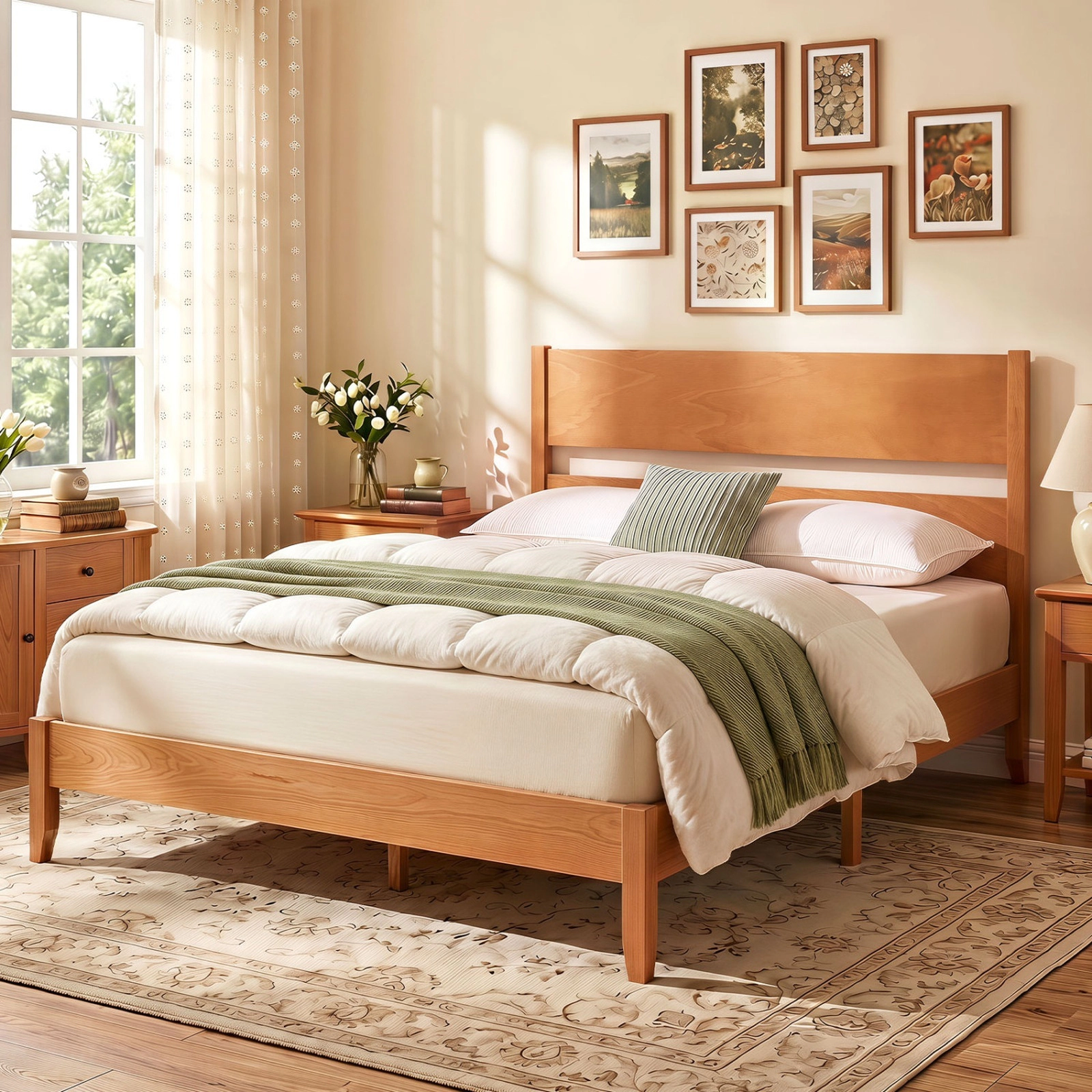 SUGIFT Full Wood Platform Bed, Panel Headboard and Footboard, 800-lb Capacity, Warm Brown