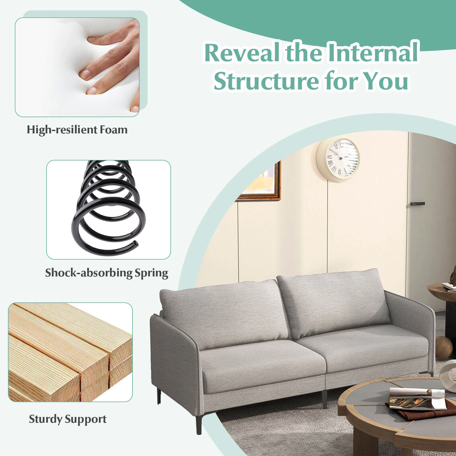 SUGIFT Gray 76-In Modern Loveseat Sofa with 105° Backrest, Metal Legs