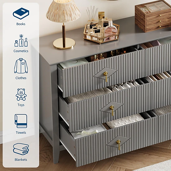 BebreezChic Fluted 6-Drawer Dresser for Bedroom, 54 Inch Wide Modern Wooden Chest of Drawers with Gold Handles
