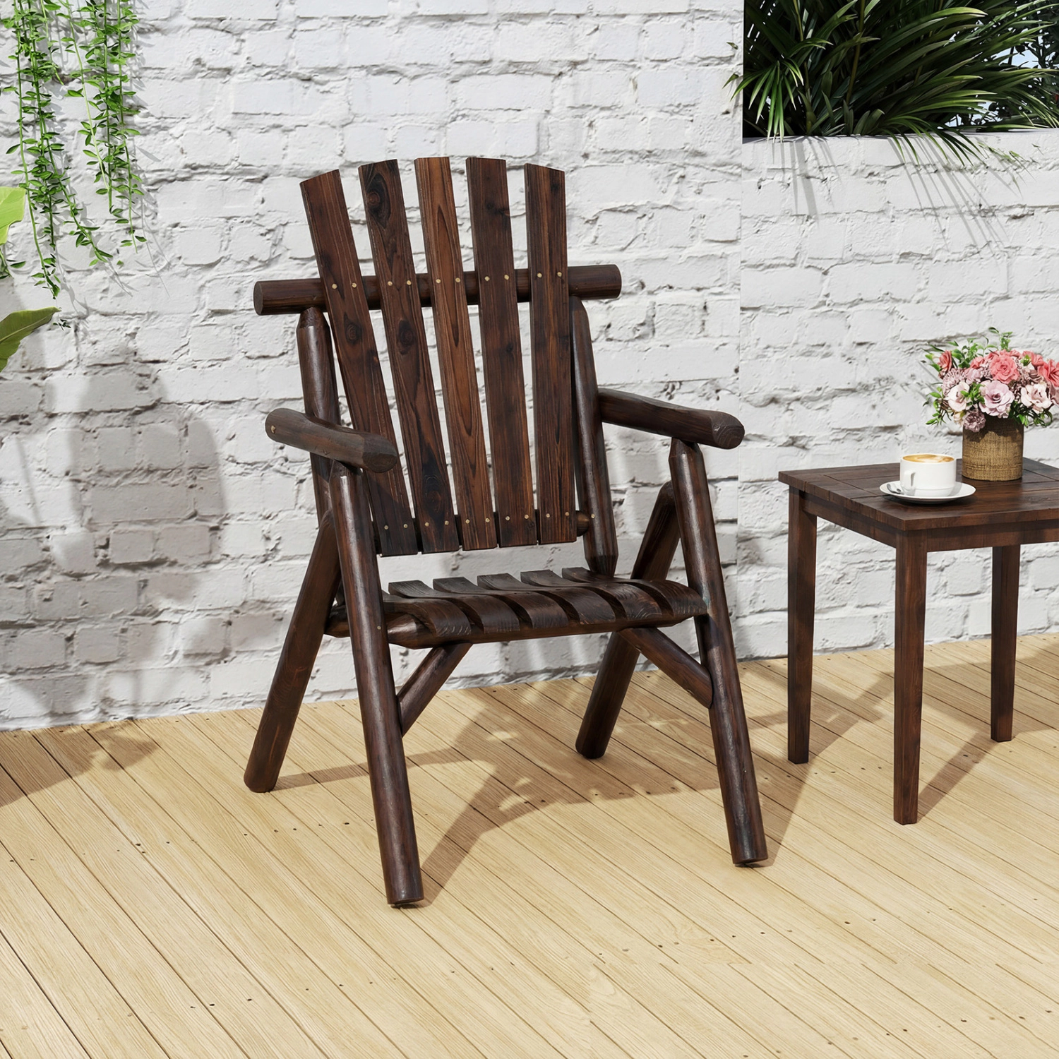 LJG Log Wood Patio Chair with Slatted Backrest for Deck Backyard