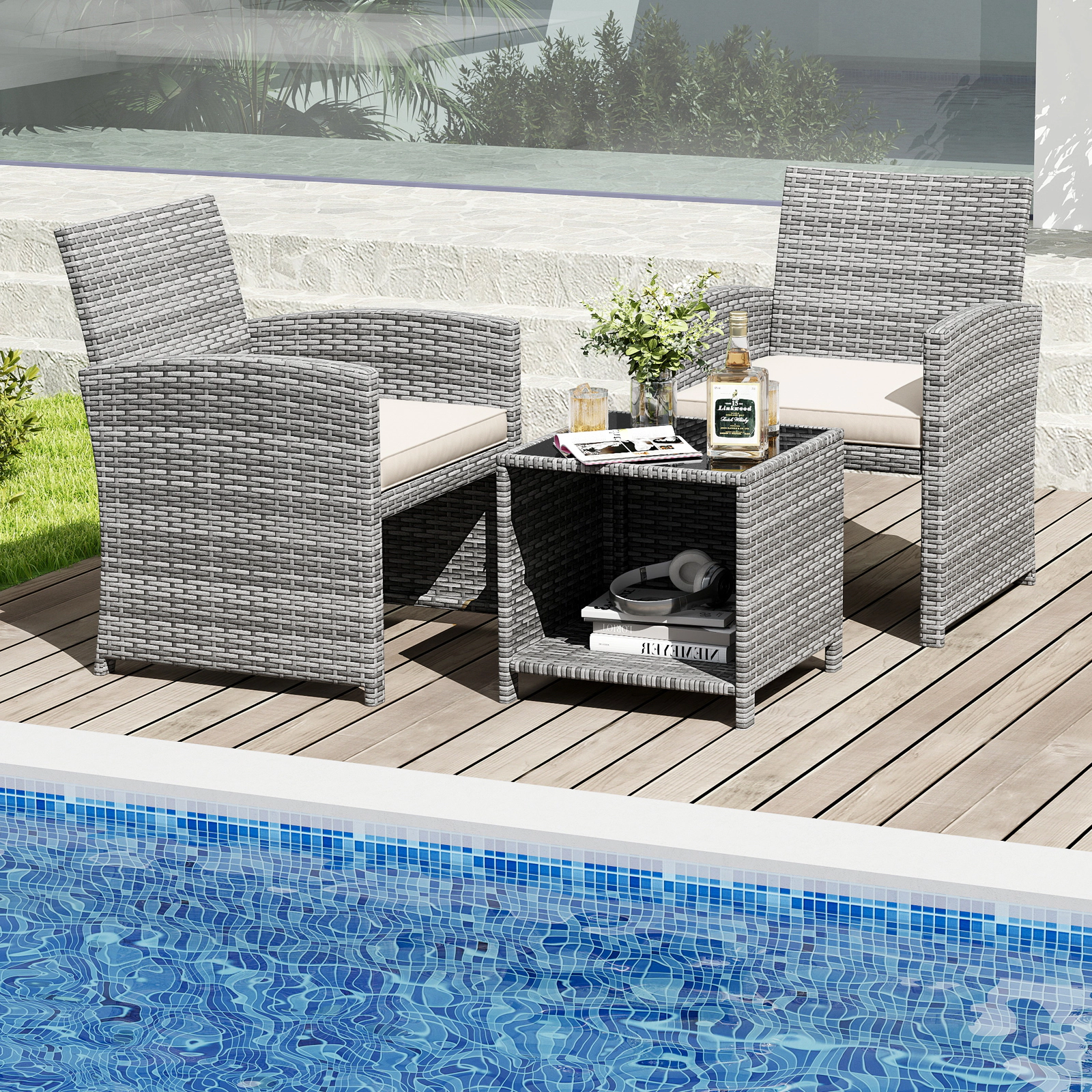 SUGIFT Tempered Glass Table and Seat Cushions 3-Piece White Patio Rattan Chair Set