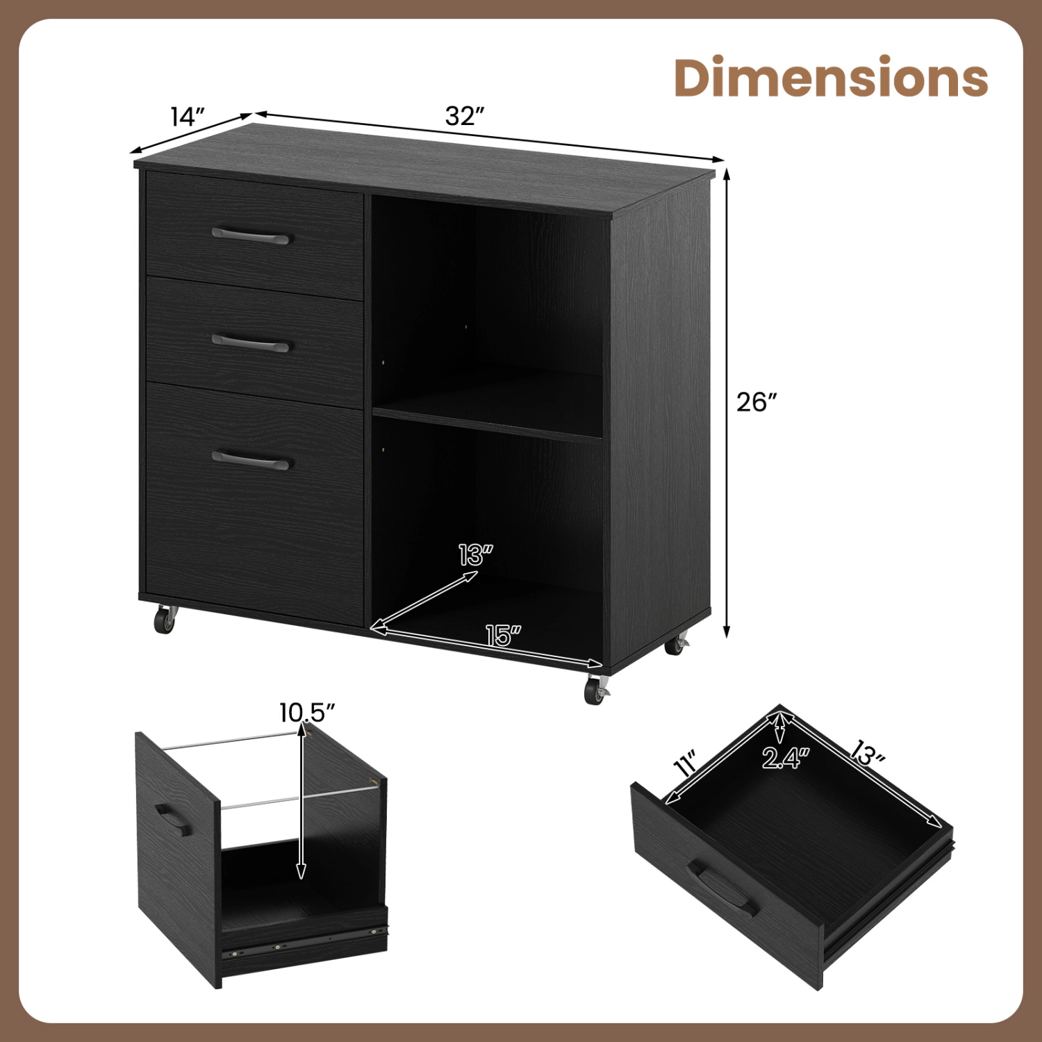 LJG 3-Drawer Mobile Lateral File Cabinet Printer Stand