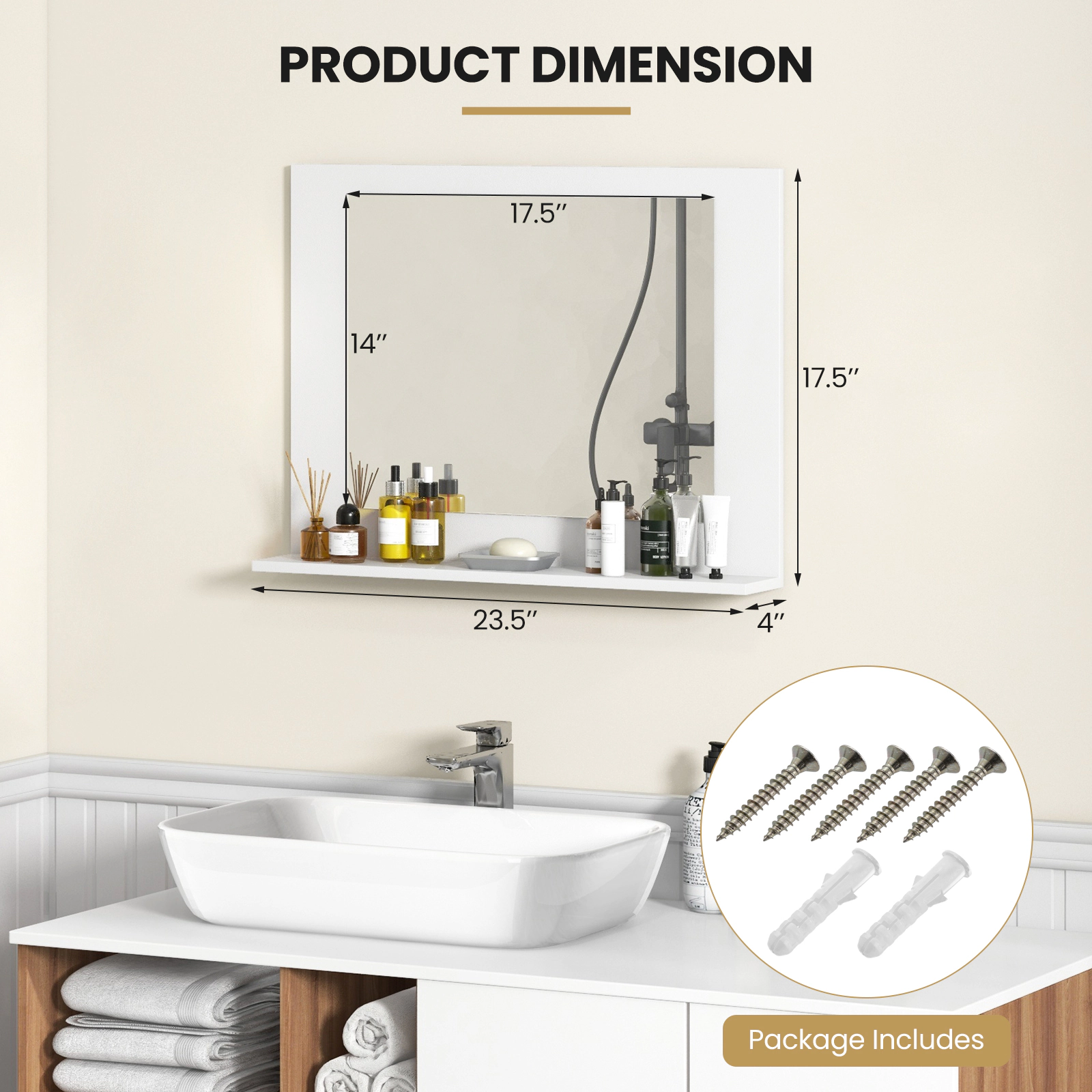 SUGIFT White 23.5-in x 17.5-in Rectangle Wood Frame Bathroom Vanity Wall Mirror with Shelf Over Sink