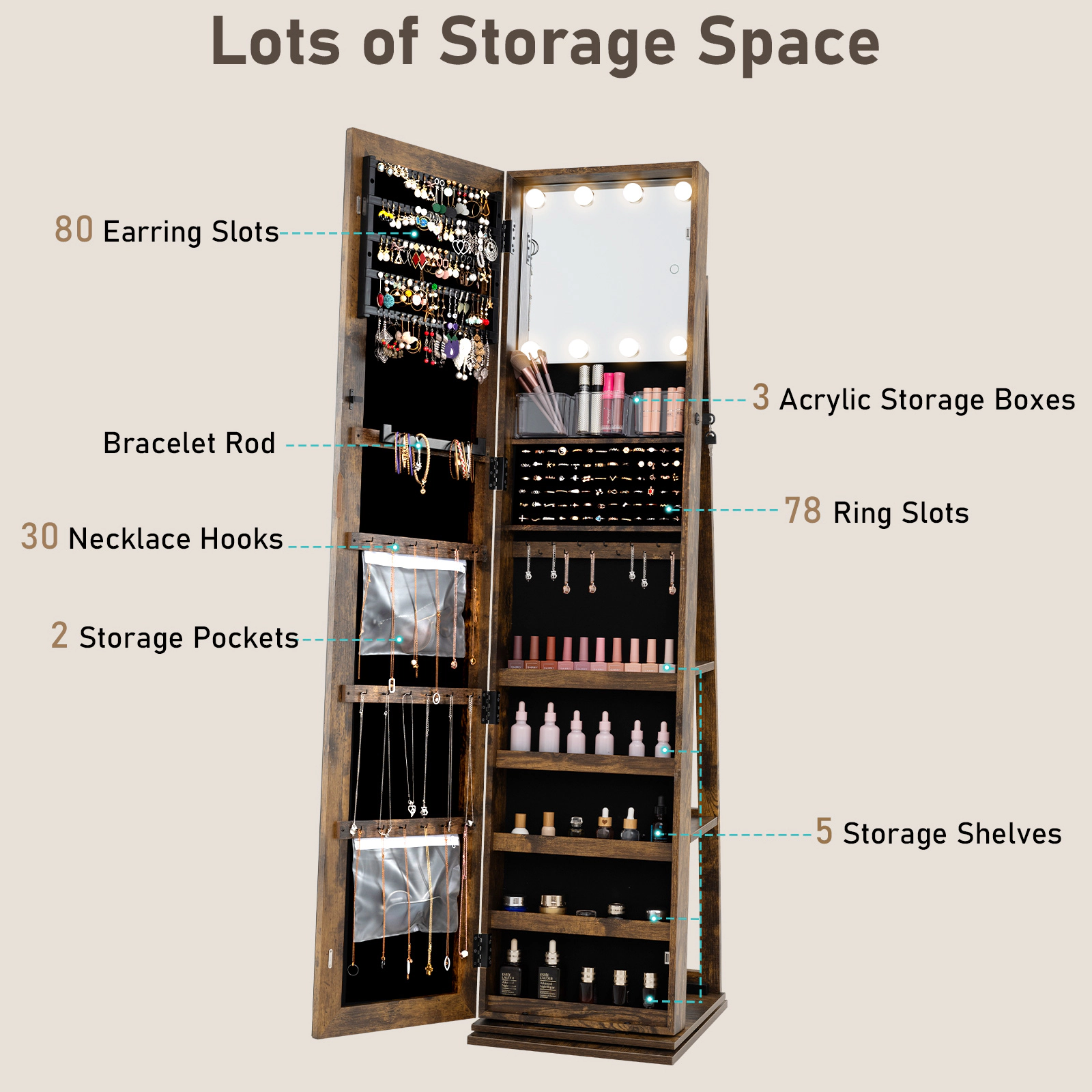 SUGIFT 63 in Swivel Jewelry Cabinet Rustic Brown with 62 in Full Length Aluminum Mirror