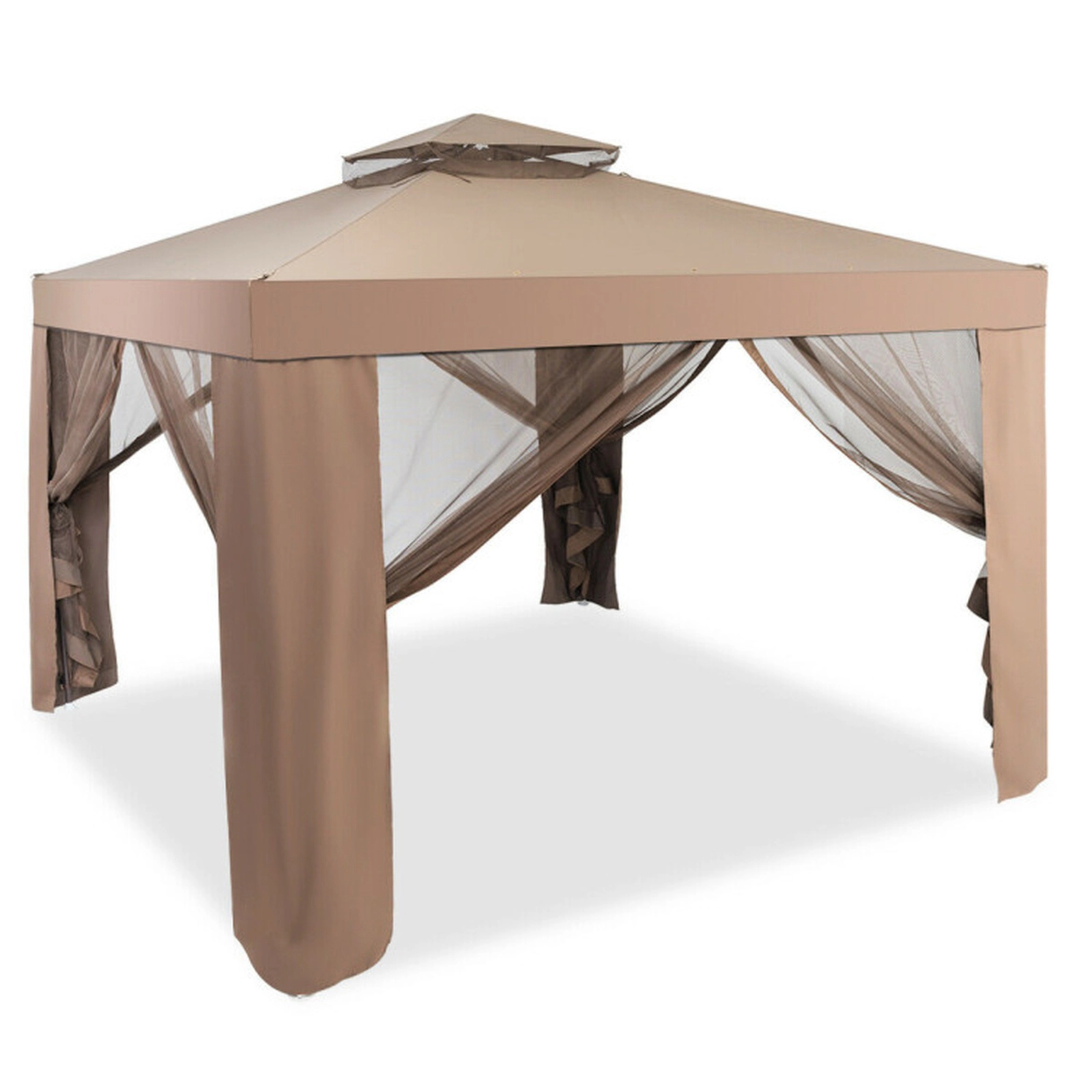 SUGIFT 9.8 ft Square Double-Tier Canopy Gazebo, Brown and Beige, Steel Frame with Zippered Mesh Netting