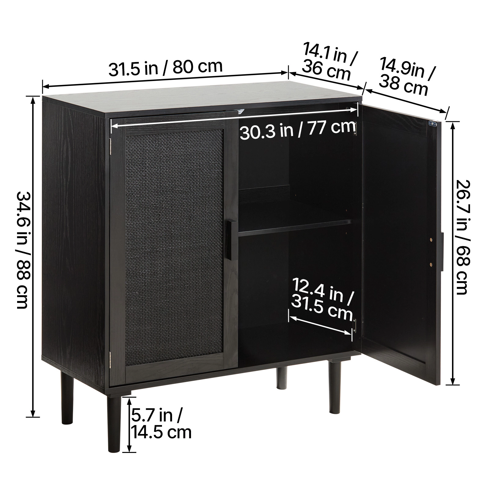 HONGGE Rattan Cabinet Rattan Storage Cabinet with 2 Magnetic Doors and Adjustable Shelves Accent Sideboard Buffet with
