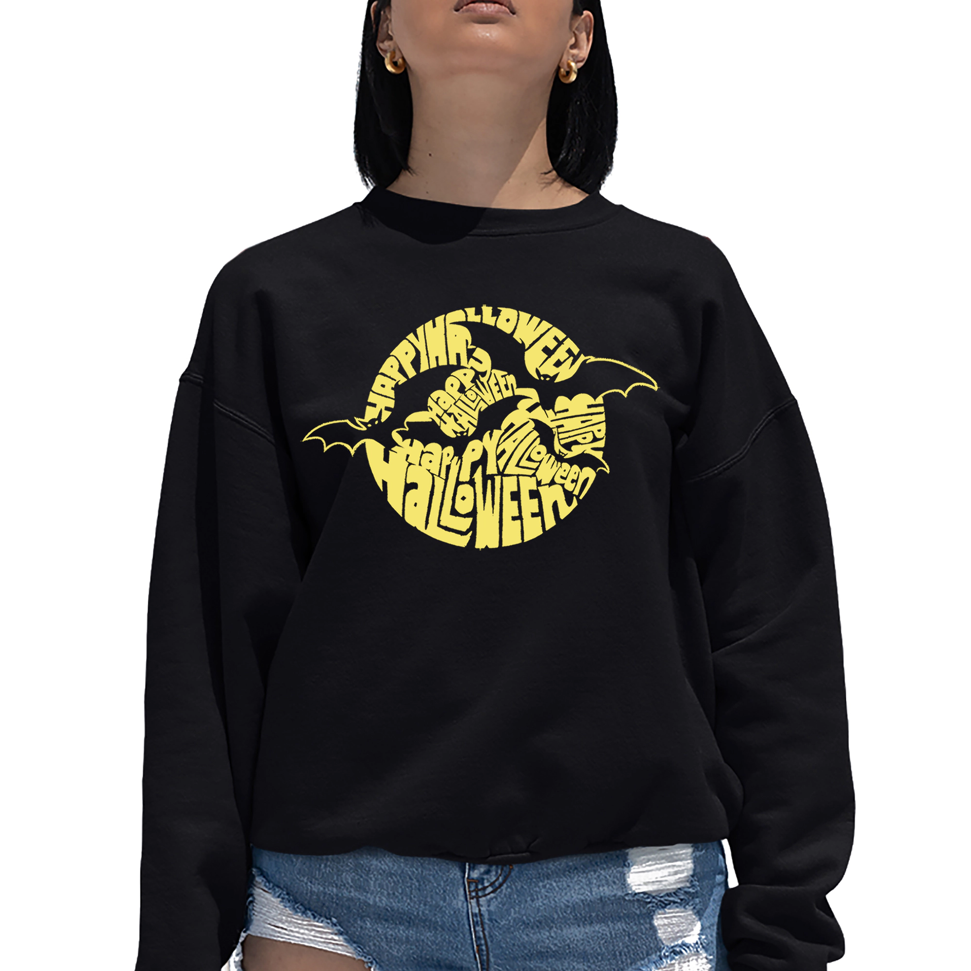 LA Pop Art Women's Word Crewneck Sweatshirt - Halloween Bats