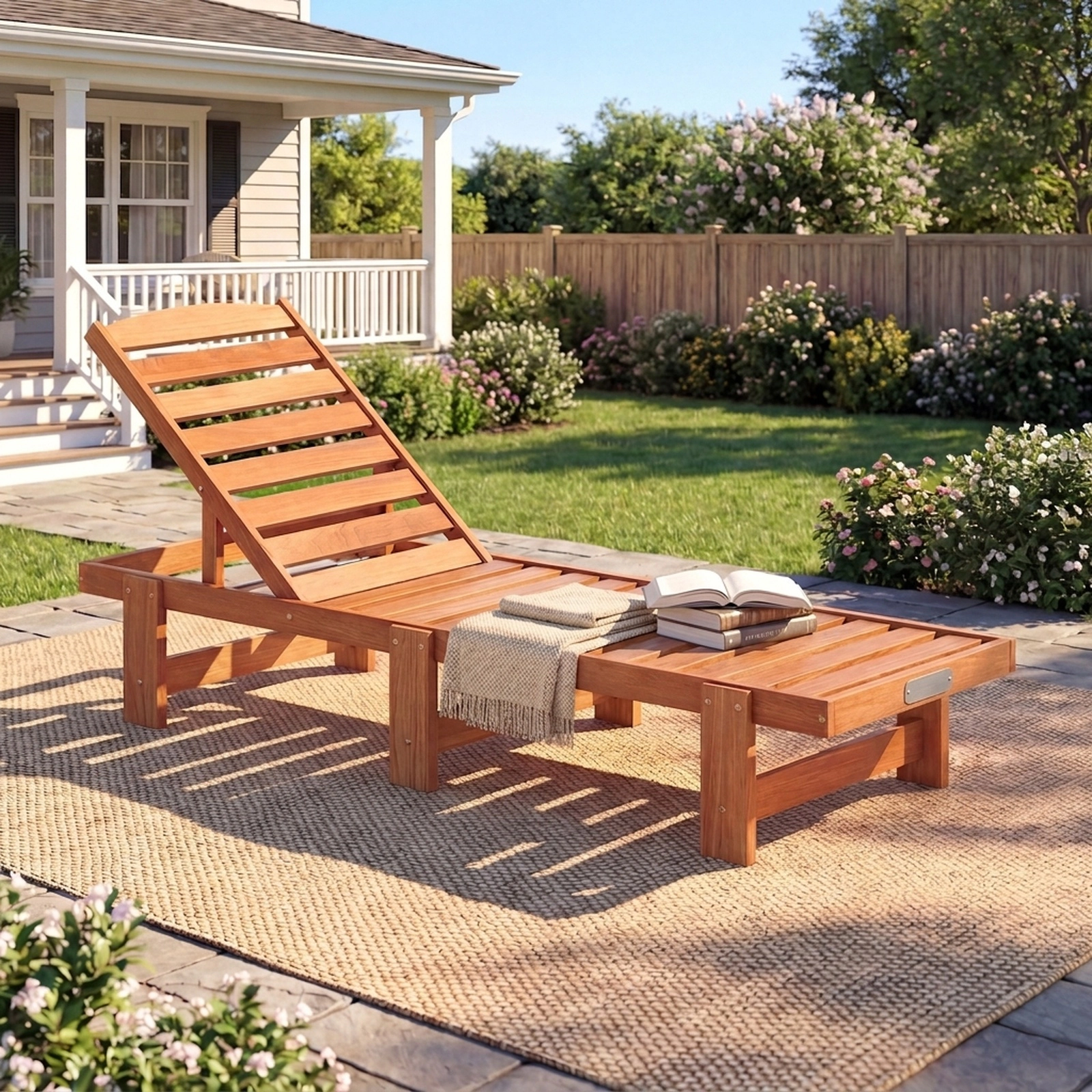 SUGIFT Solid Wood Patio Chaise Lounge, Slatted Recliner, 5-Position Backrest, Natural