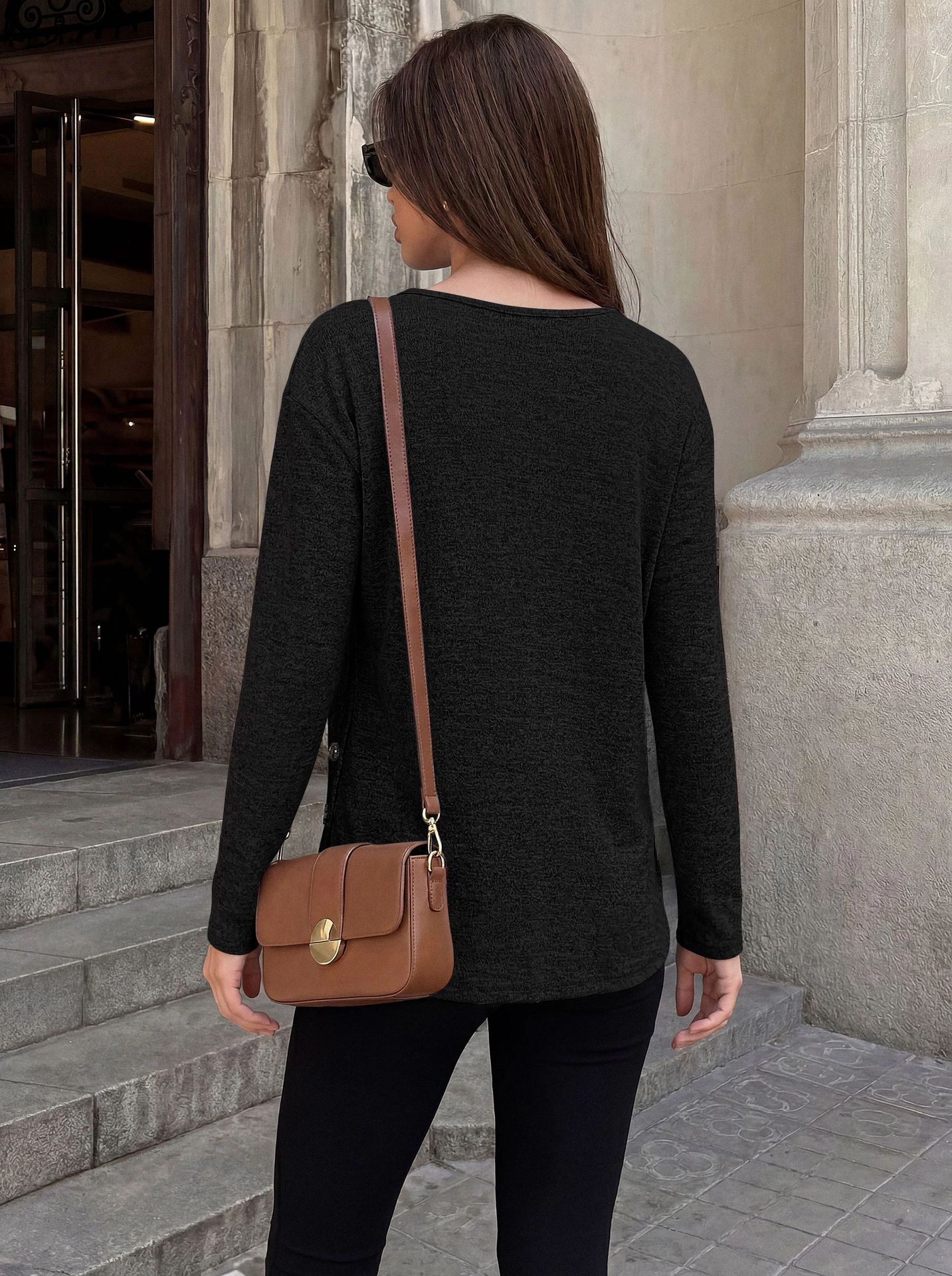 Enchanted Funland Womens Crew Neck Heather Knit Long Sleeve Side Button Tops