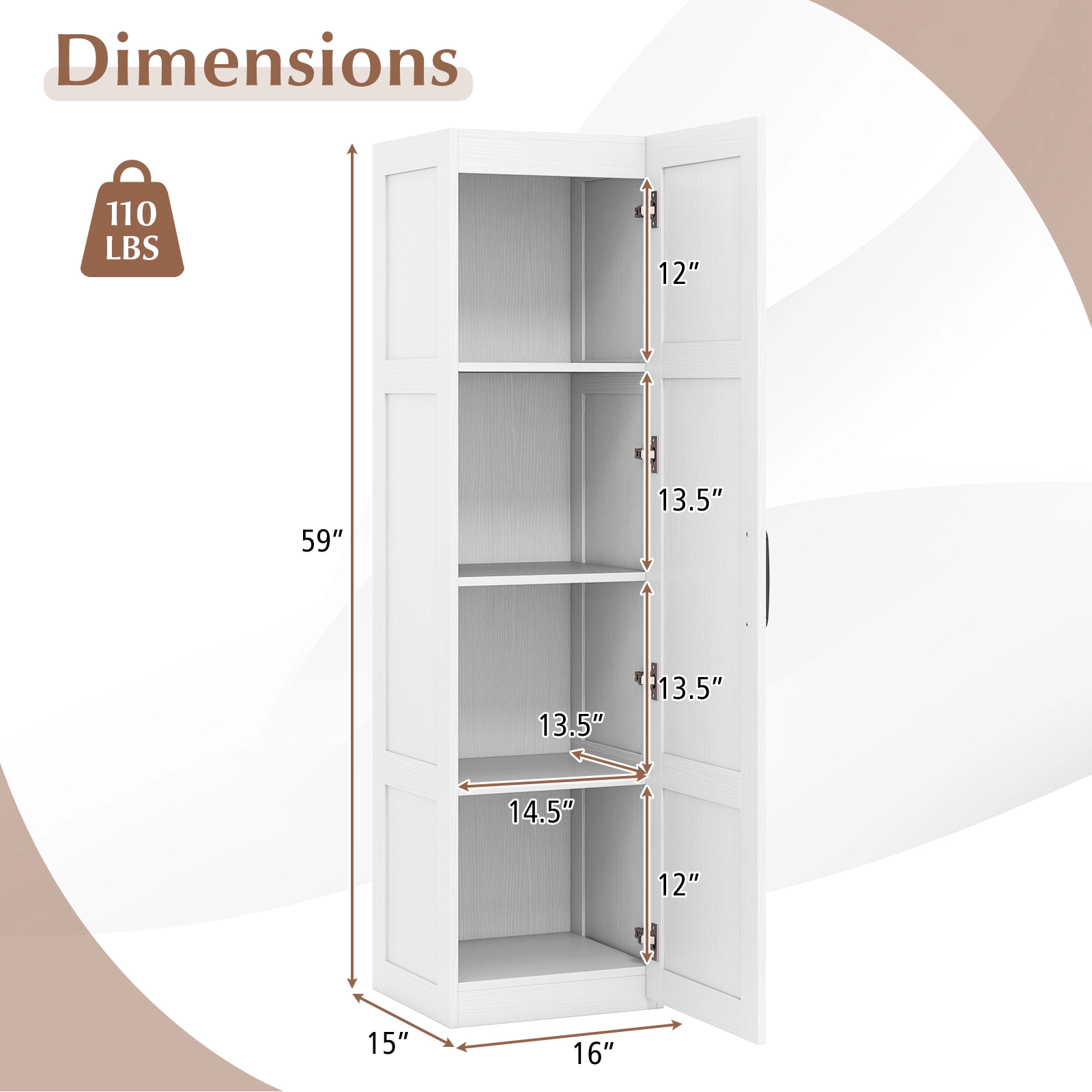 SUGIFT Tall Narrow 4 Shelves Door Freestanding Bathroom Storage Cabinet 16-in x 15-in x 59-in 110-lb Capacity White