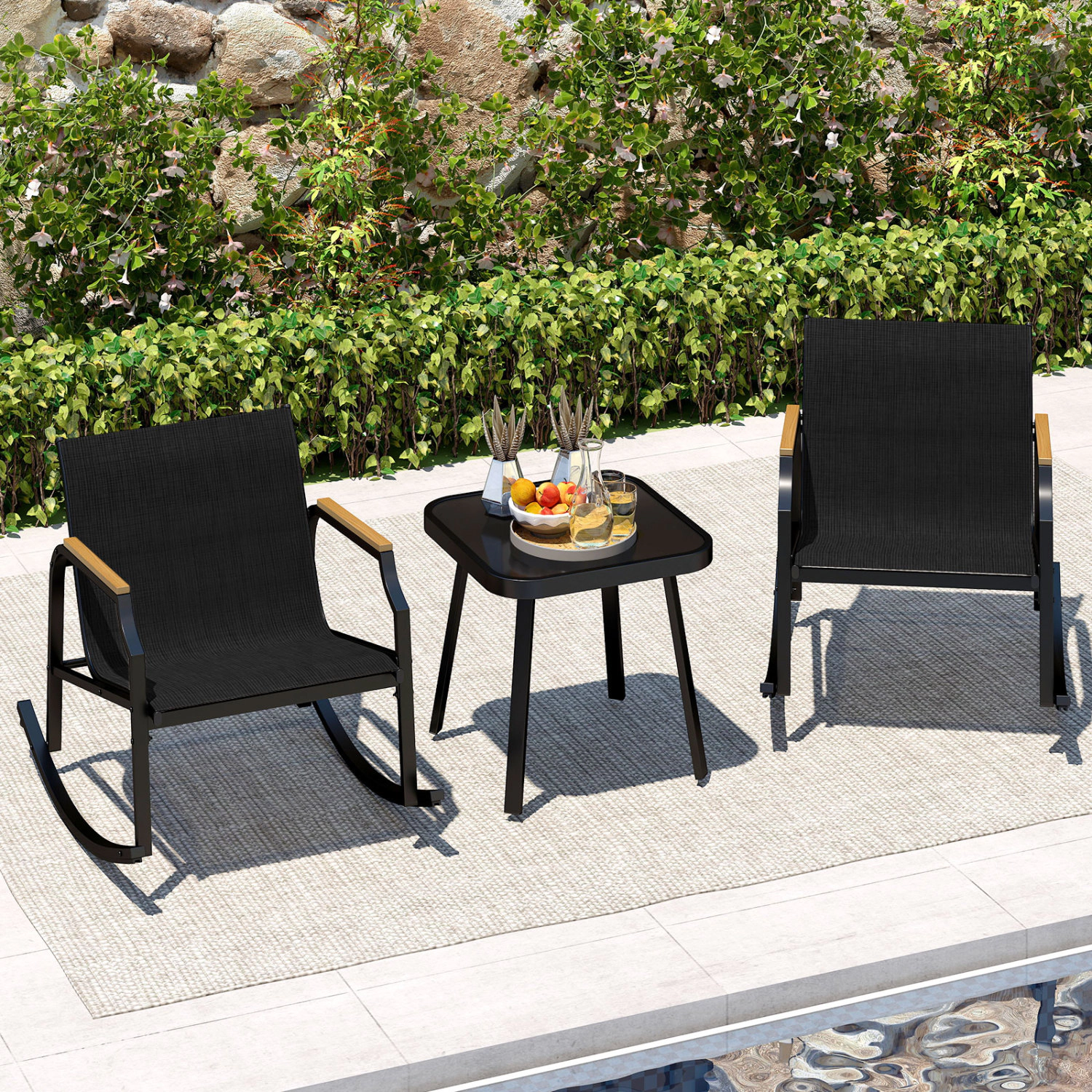 LJG 3 Piece Patio Rocking Bistro Set with Tempered Glass Coffee Table and Armrests for Porch