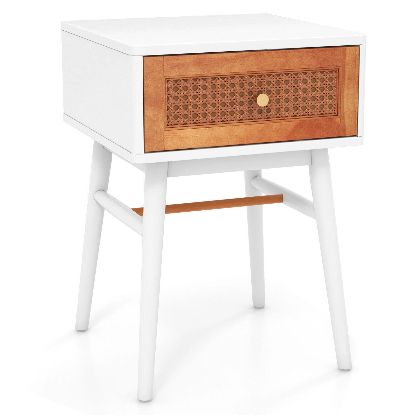 Glintex 1-Drawer Bedside Table with Rattan Front Panel and Solid Pine Wood Legs, White