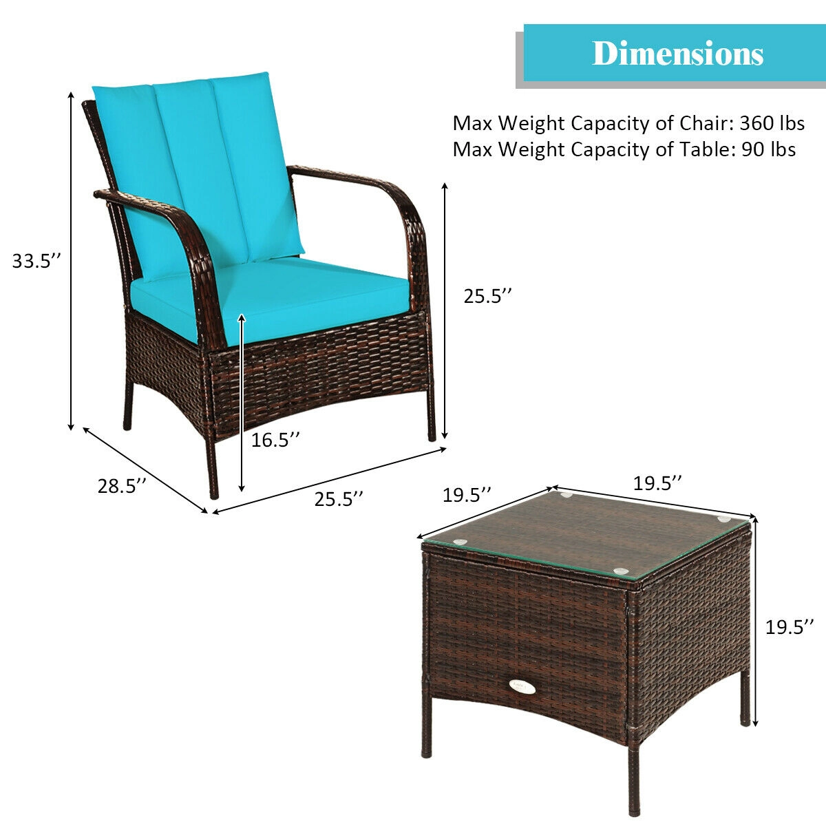 SUGIFT Patio Rattan Conversation Set with Glass Top Coffee Table 360-lb Chair Capacity with Cushions Turquoise
