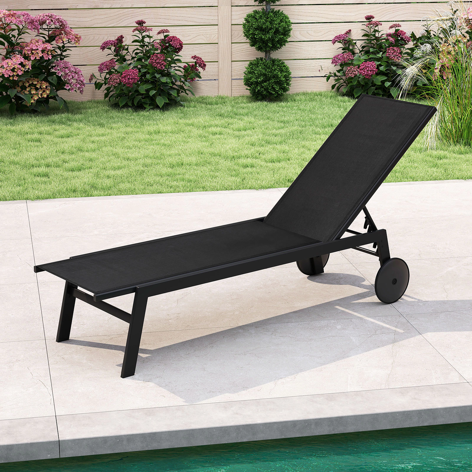 LJG Patio Chaise Lounge Chair with Wheels and 6-Level Adjustable Backrest