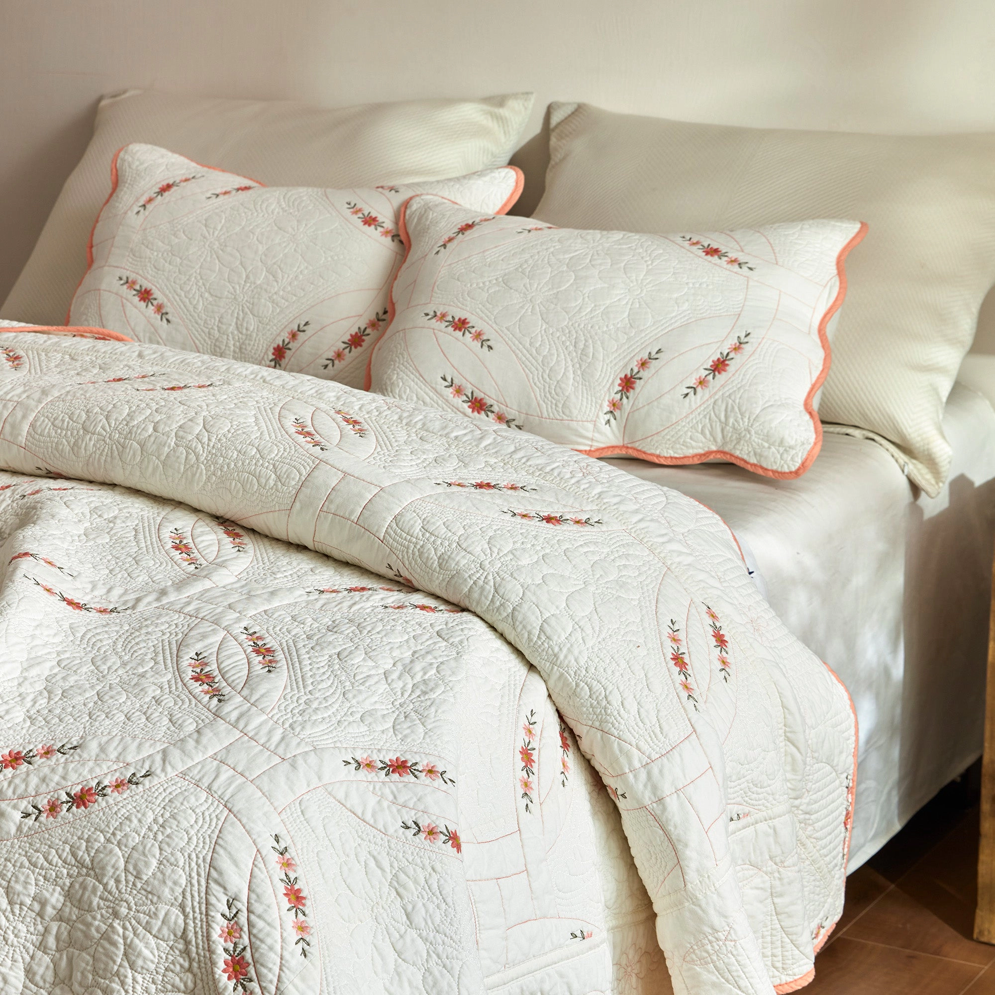 MarCielo 3 Piece 100% Cotton French Country Floral Embroidered Quilt Bedspread Set