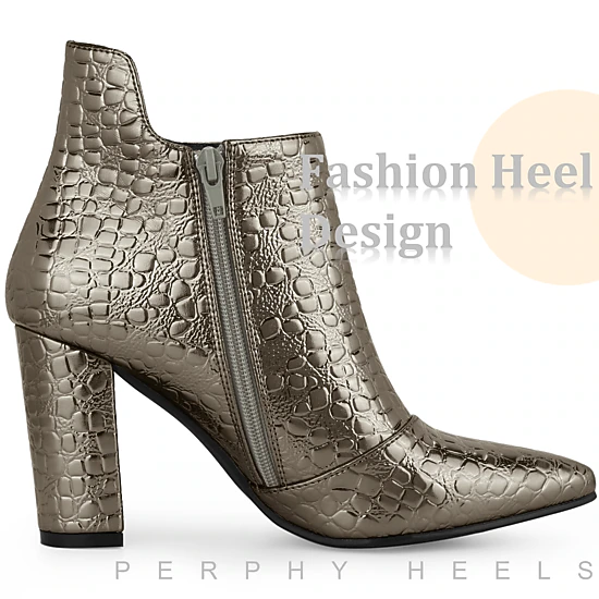BLISSFUL STEP Women Stone Printed Pointed Toe Chunky Heel Ankle Boots Side Zip