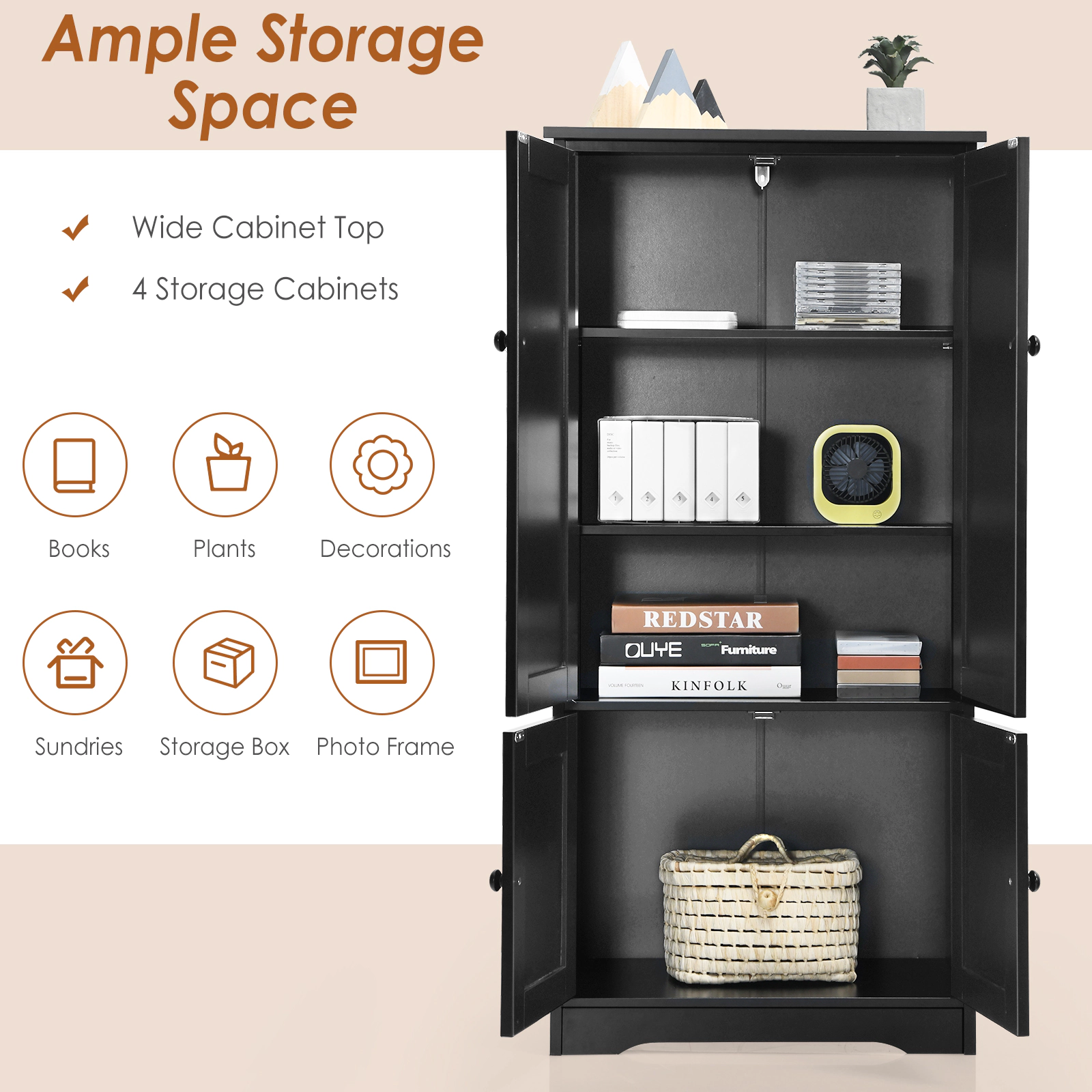 SUGIFT 49-in Tall 24-in Wide Black Antique Accent Storage Cabinet with 2 Doors and 5-Height Adjustable Shelves