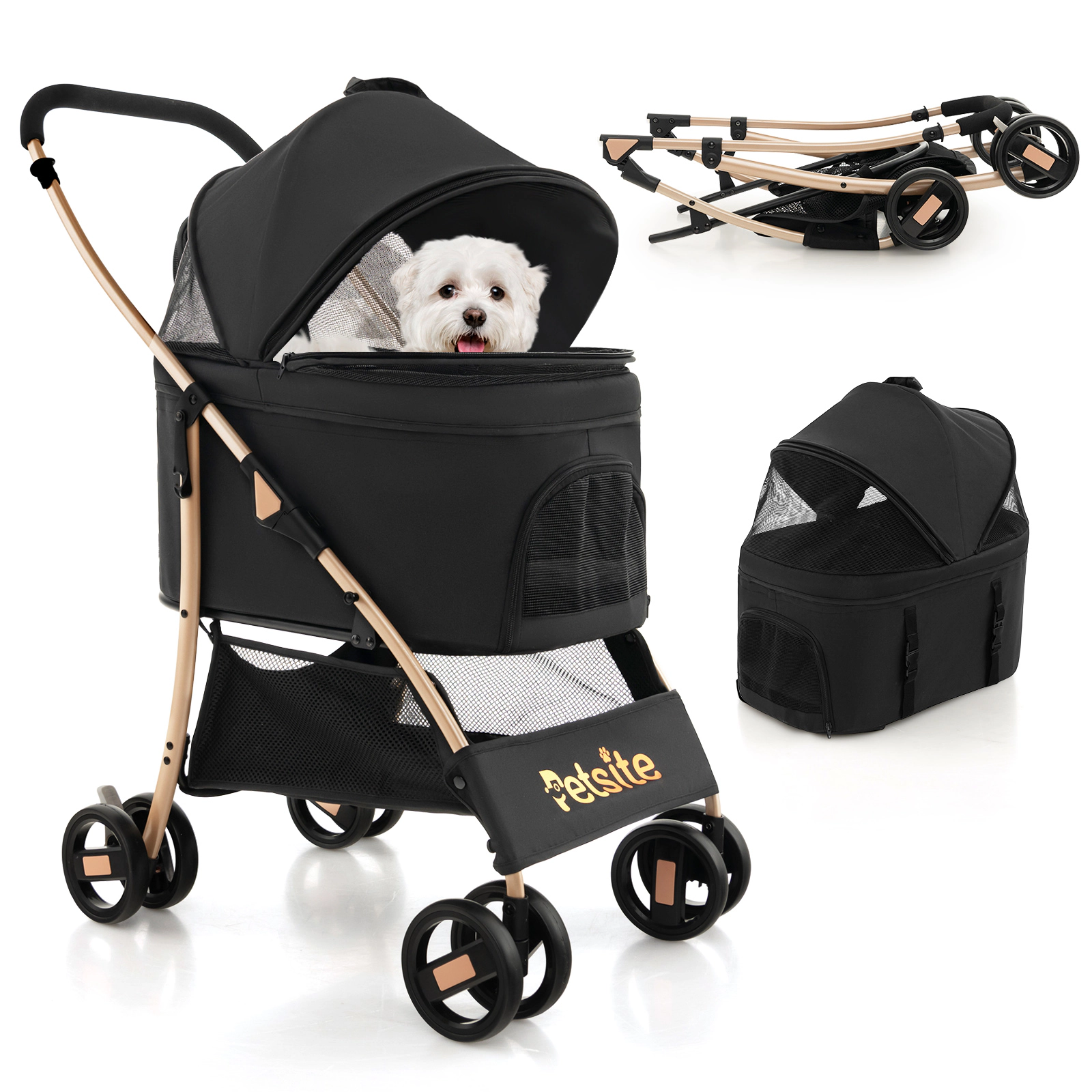 SUGIFT 3-in-1 Pet Stroller with Removable Car Seat Carrier and Pet Bed 33-lb Capacity Black