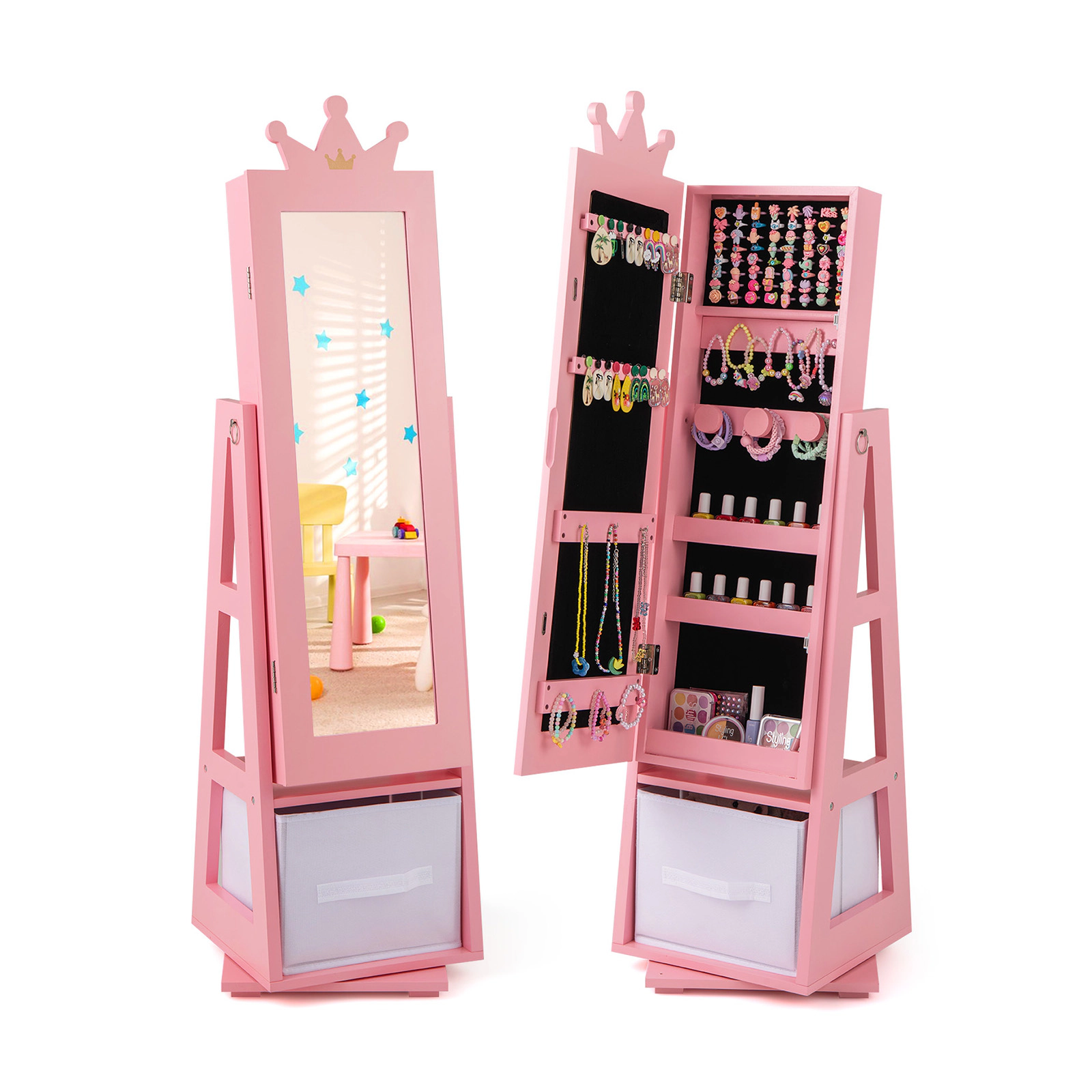 SUGIFT Full-Length Mirror Kids Jewelry Armoire Cabinet Vanity with Swivel Base 46-in Tall Pink and White