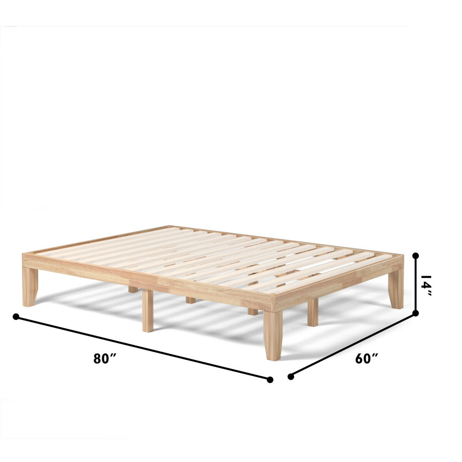 SUGIFT Solid Wood Queen Bed Frame 600-lb Capacity 14-in Tall 14-Bar Support Brown Natural Walnut