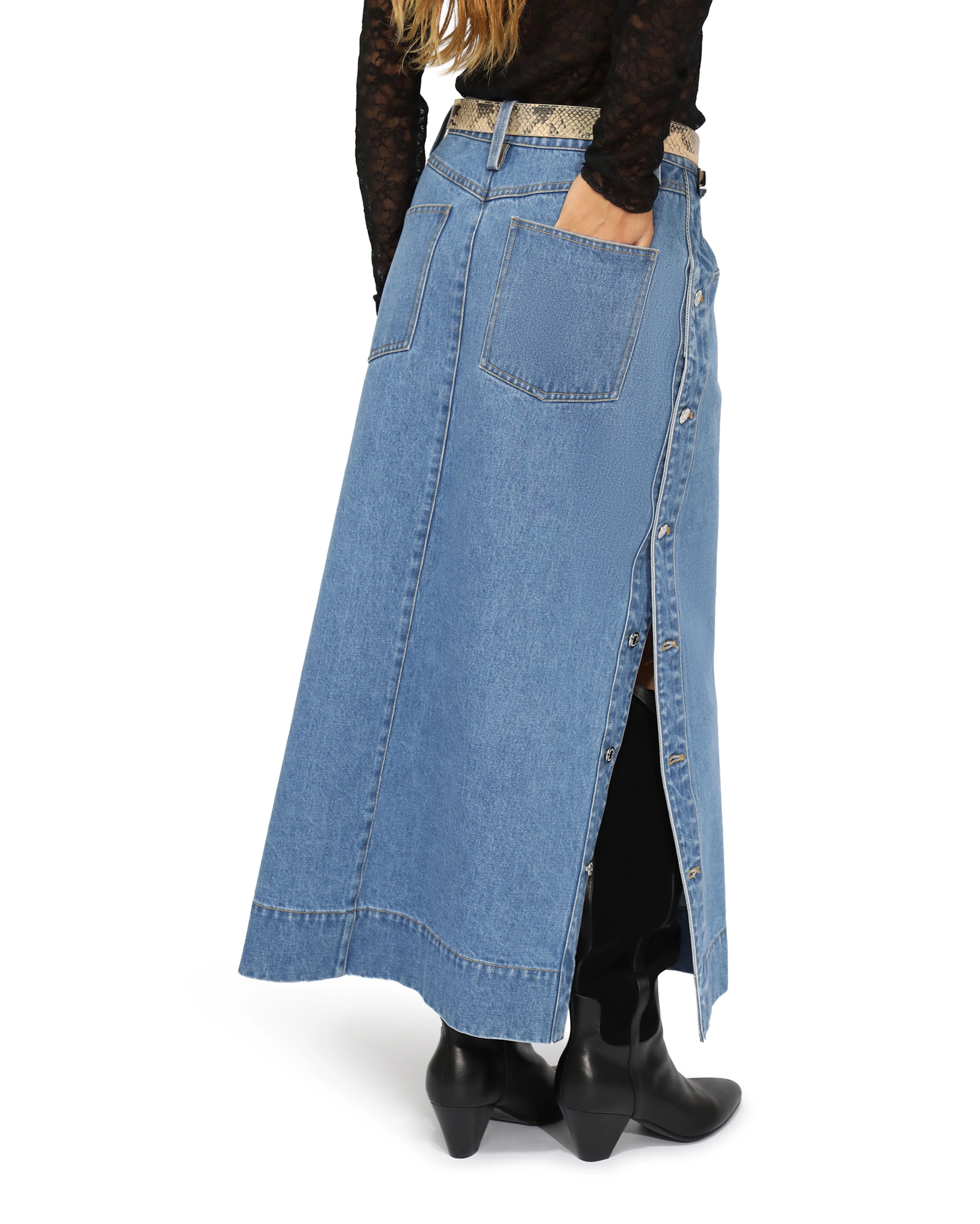 Belle & Bloom Edge Line Denim Maxi Skirt with Side Buttons