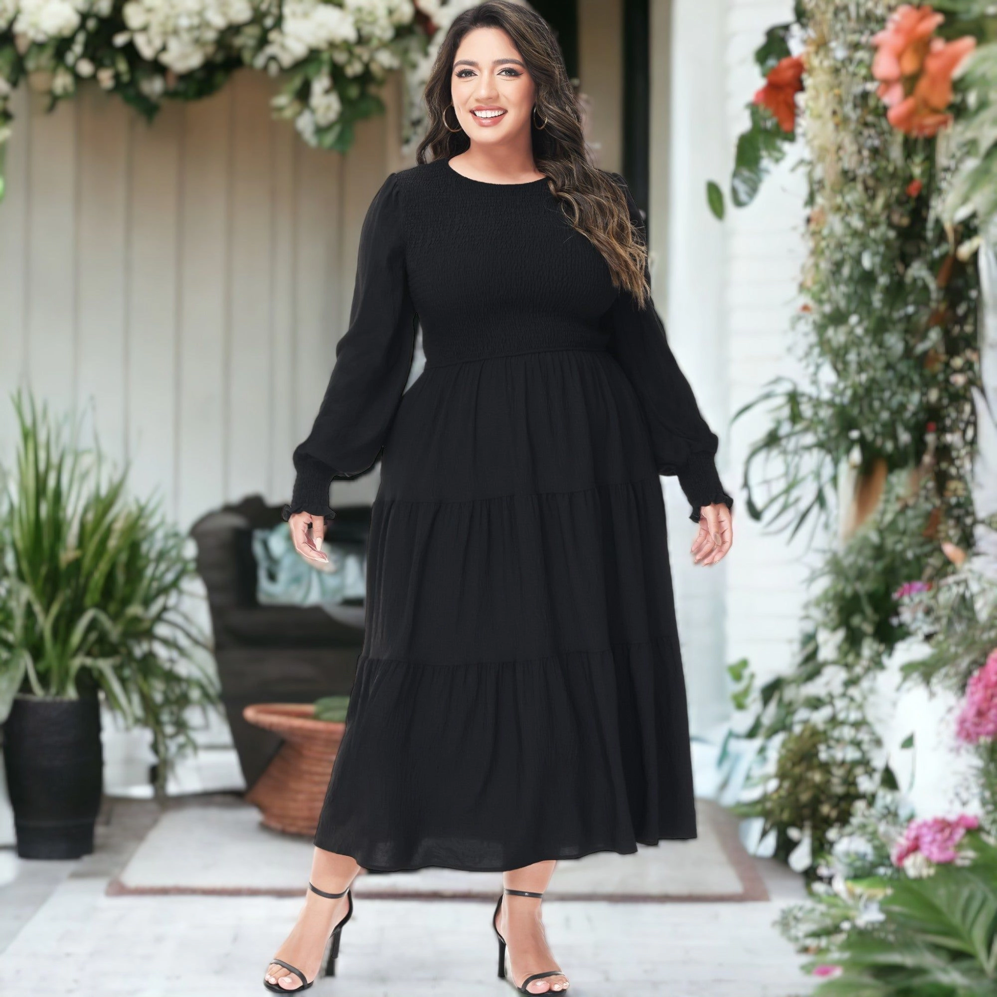Anna-Kaci Womens Plus Smocked Chest Round Neck Flowy Tiered Maxi Dress