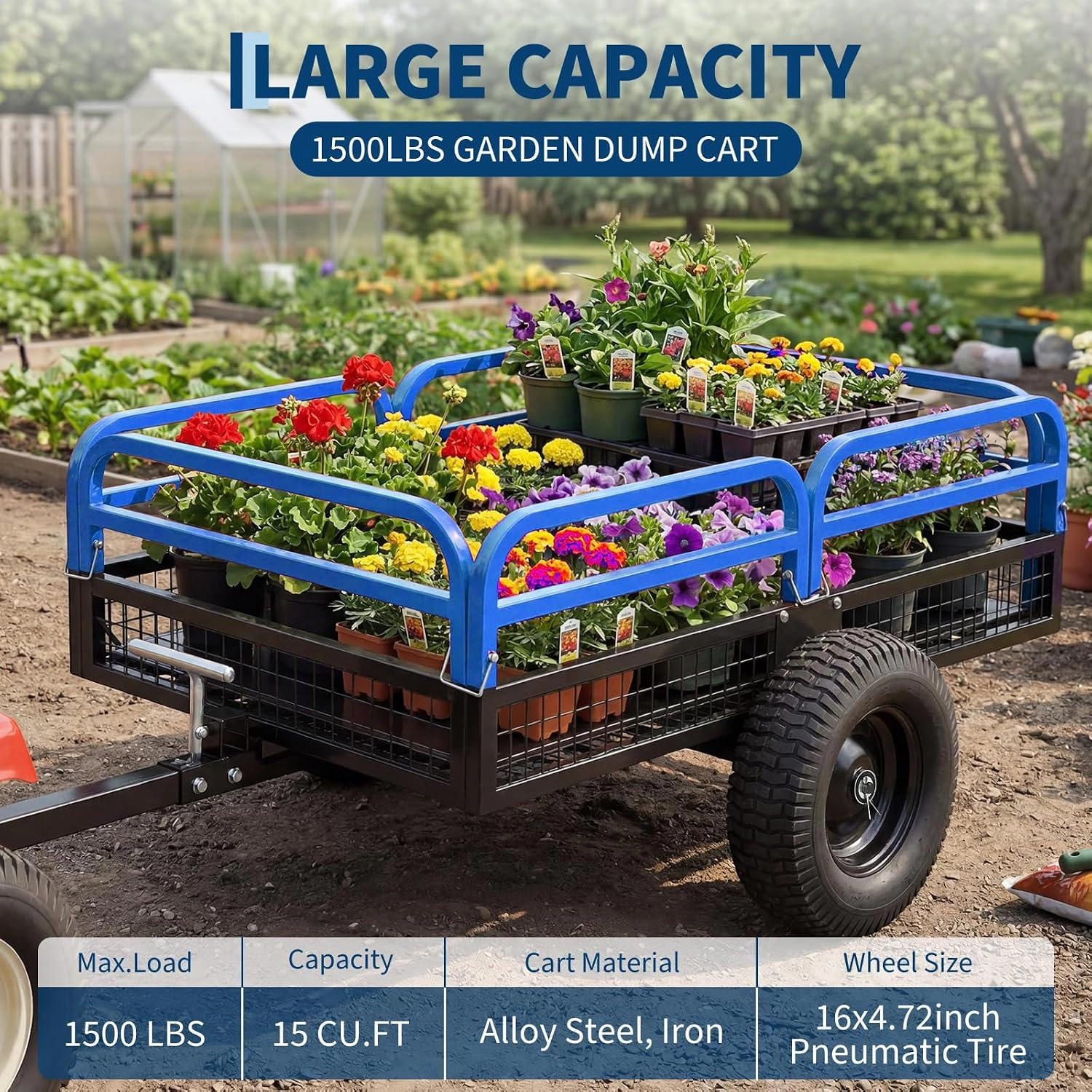 1500LB Heavy Duty ATV/UTV Dump Trailer, Towable Garden Wagon Cart for Lawn Tractor & Mower
