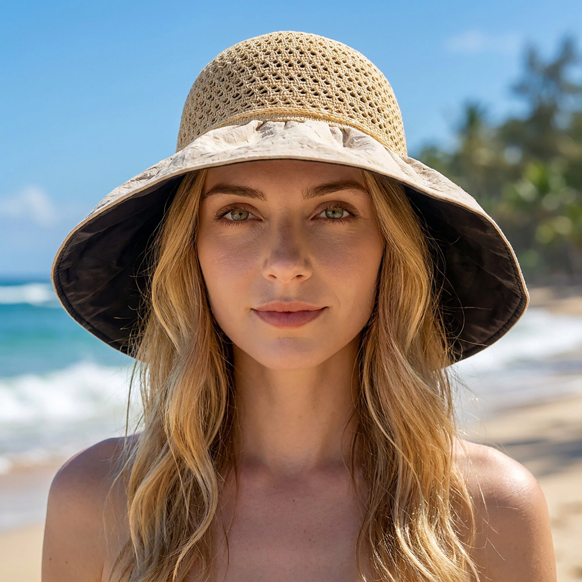 Anna-Kaci Women's Wide Brim Crochet Sun Hat with Bow Accent and Textured Fabric