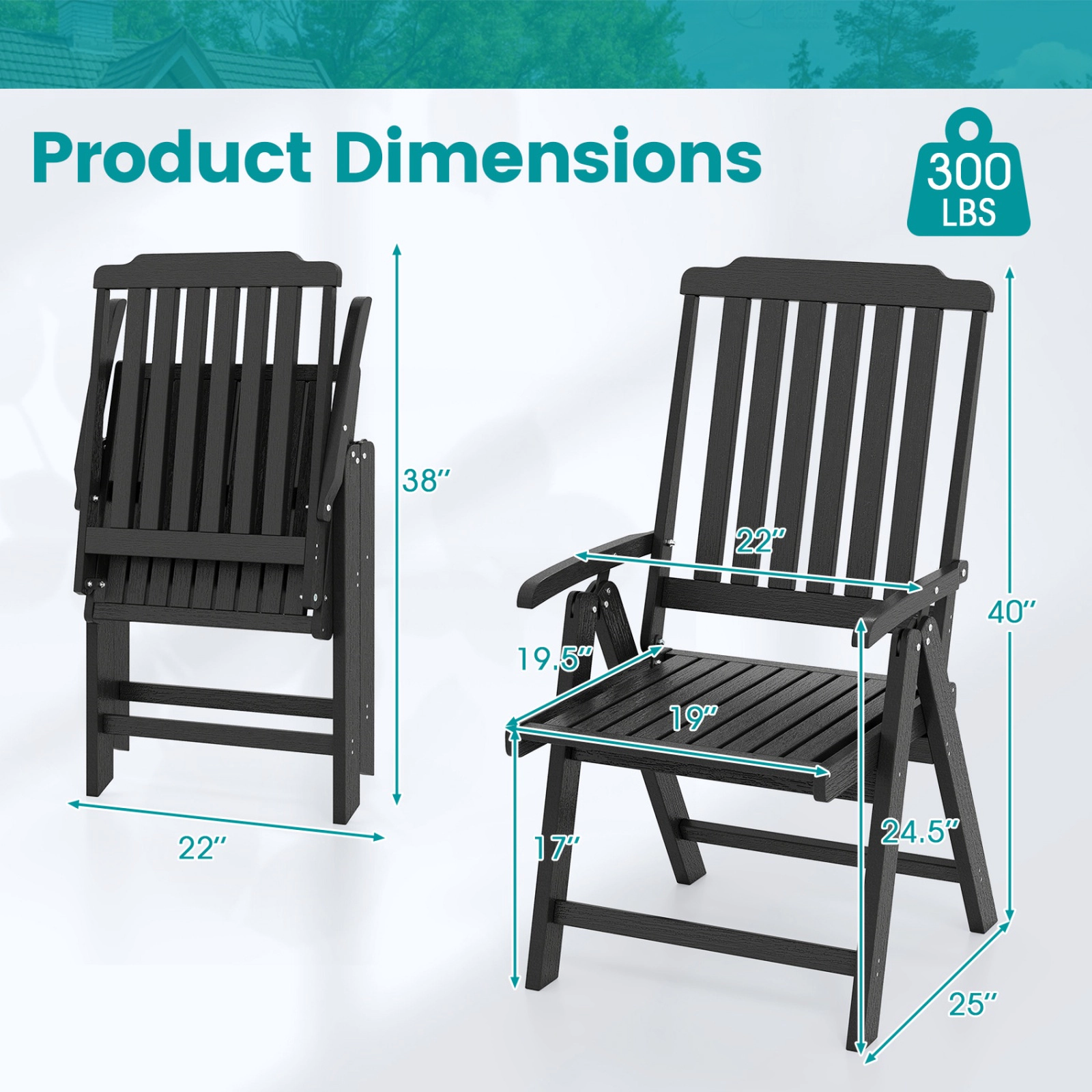 SUGIFT Foldable All-Weather HDPE Patio Dining Chair with Armrests 330-Lb Capacity 24-Lb Net Weight Black