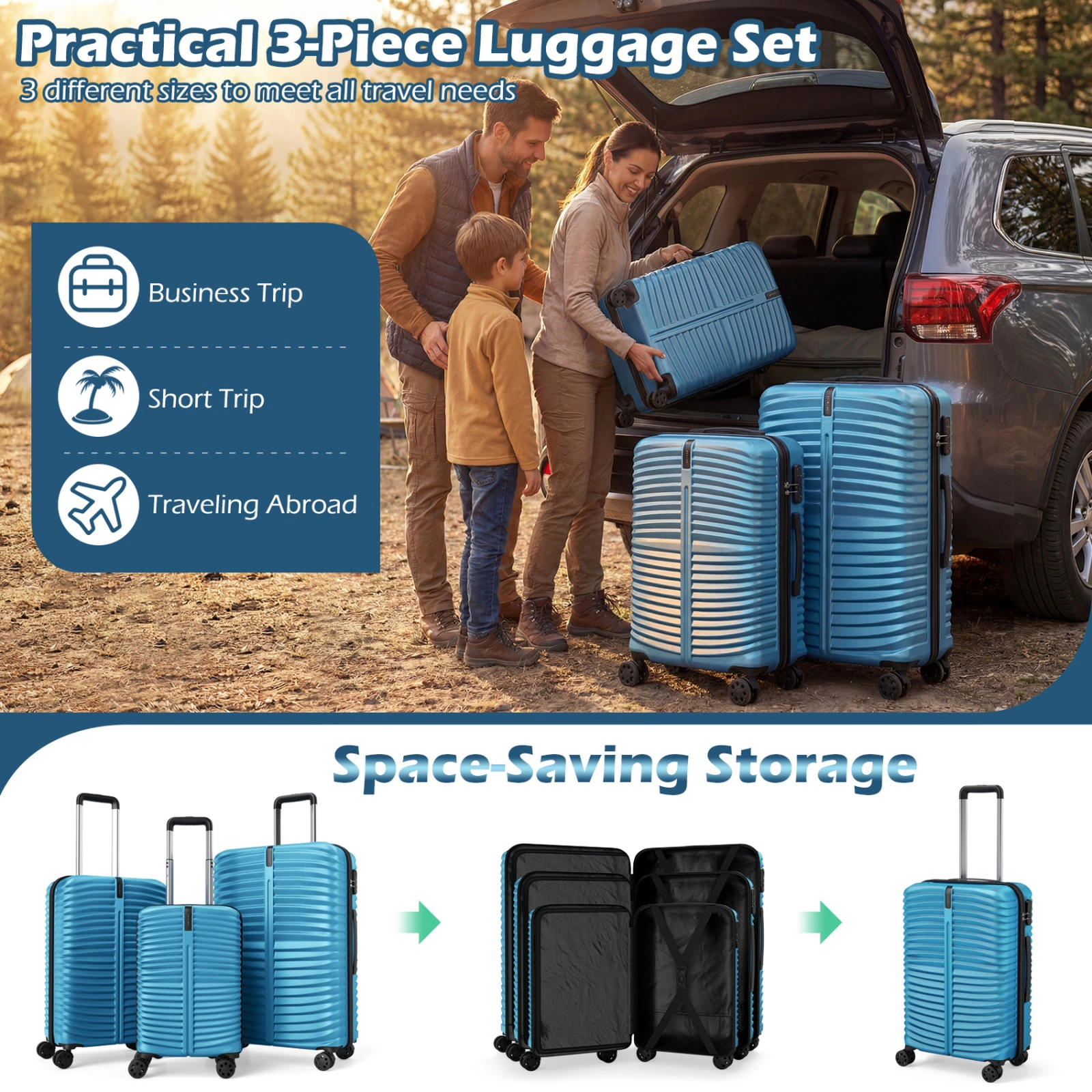 SUGIFT Blue 3-Piece 20 24 28-in Hardside Luggage Set with 8 Spinner Wheels 3-Digit Lock and Nesting Storage