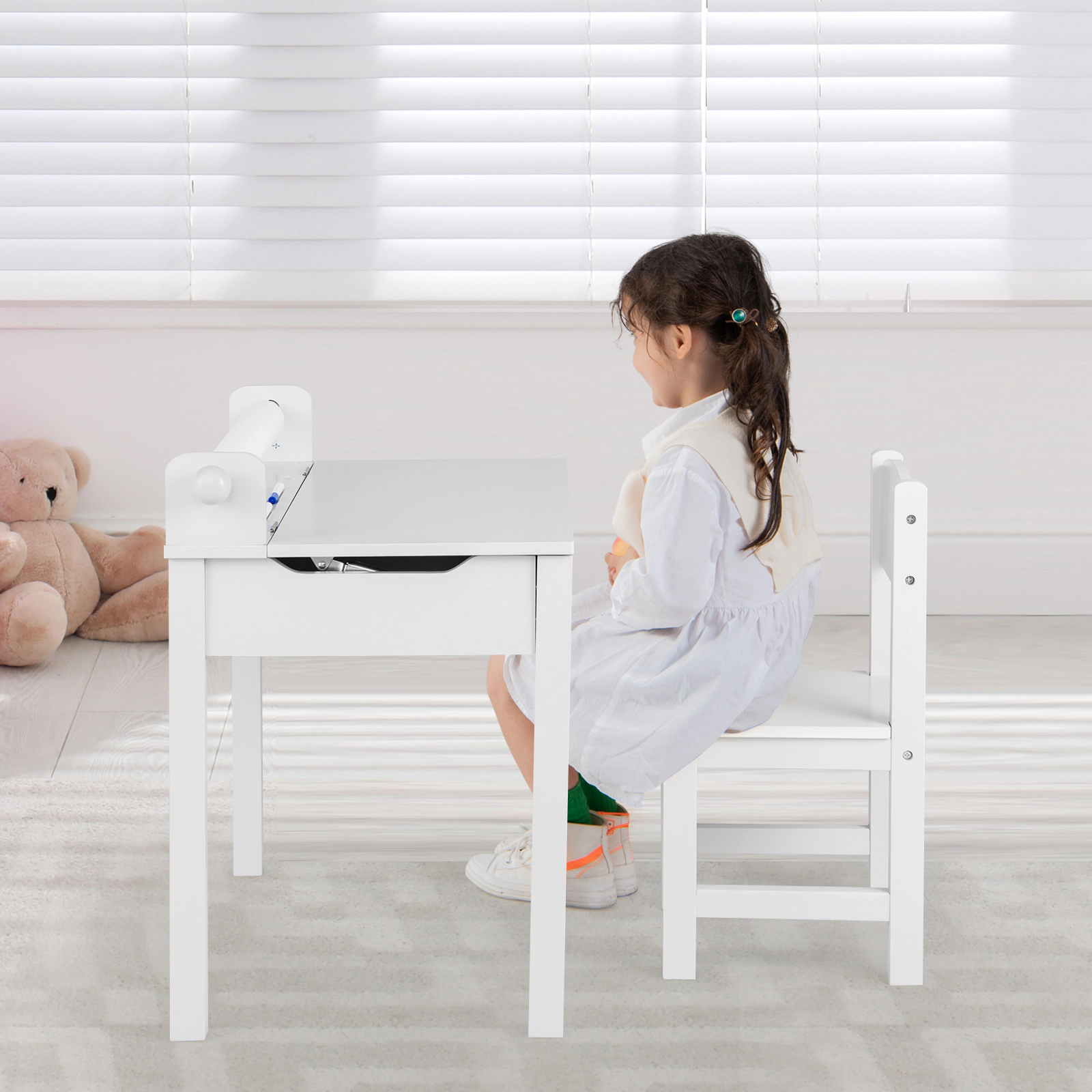 SUGIFT Kids Art Table and Chair Set, Wooden Craft Desk with Paper Roll Holder and Tilting White Tabletop