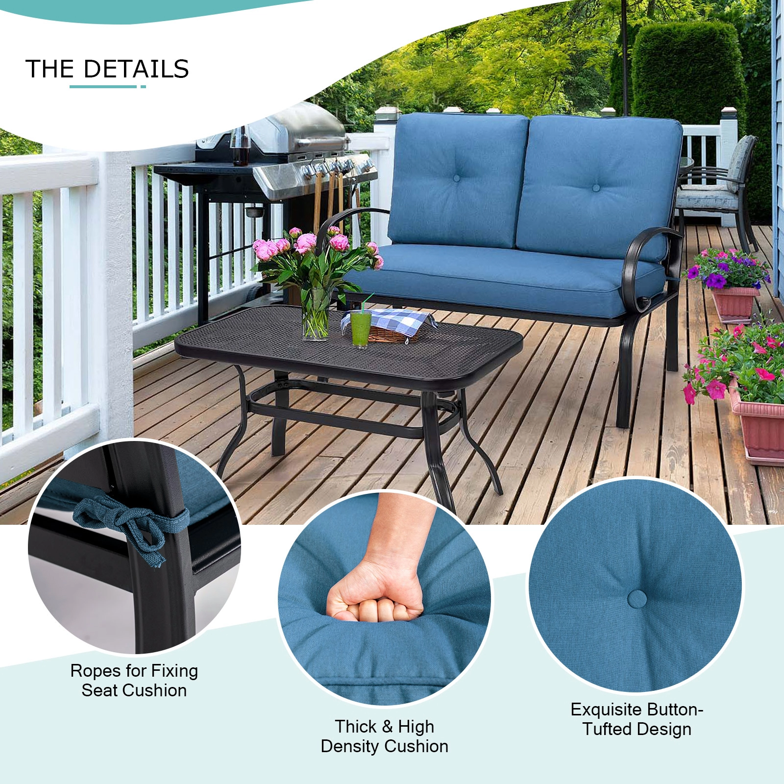 SUGIFT 2-Piece Blue Steel Patio Loveseat Set with 4-Inch Cushions and Coffee Table