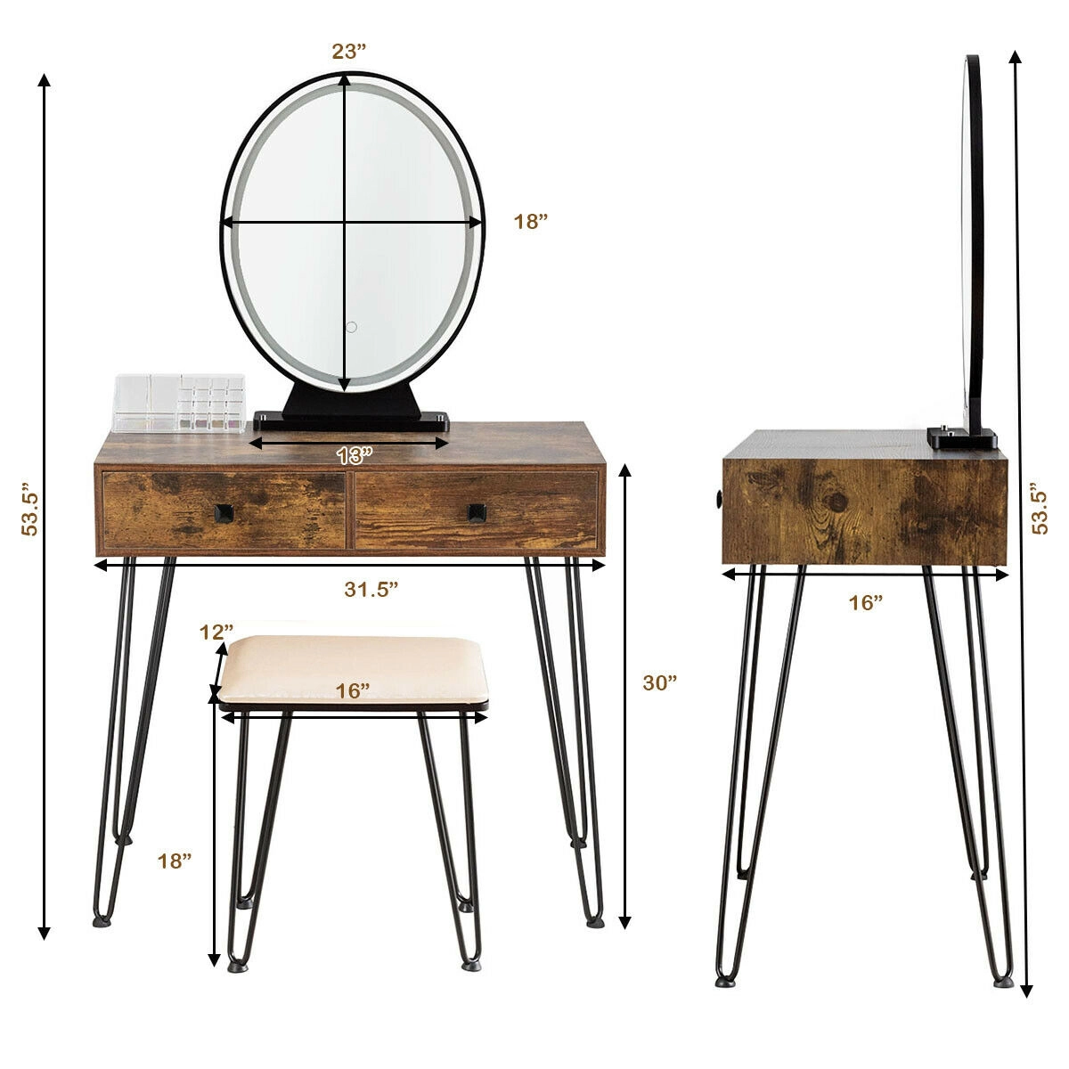 SUGIFT Industrial Makeup Dressing Table with 3 Lighting Modes Vanity and Stool 220-Lb Capacity Rustic Brown