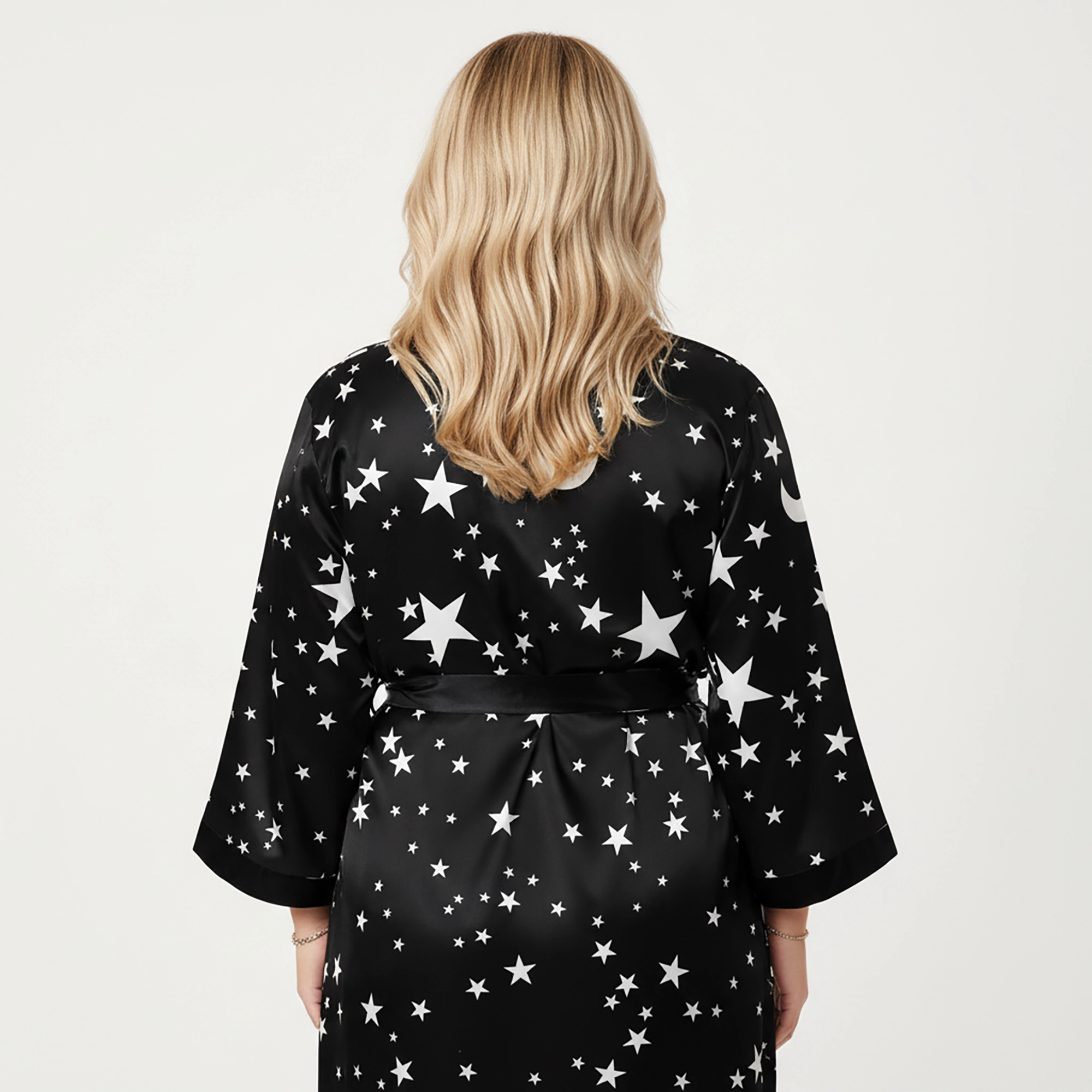 Anna-Kaci Women's Plus Star Print Long Robe with Soft Satin Feel Open Front Design and Adjustable Waist Tie