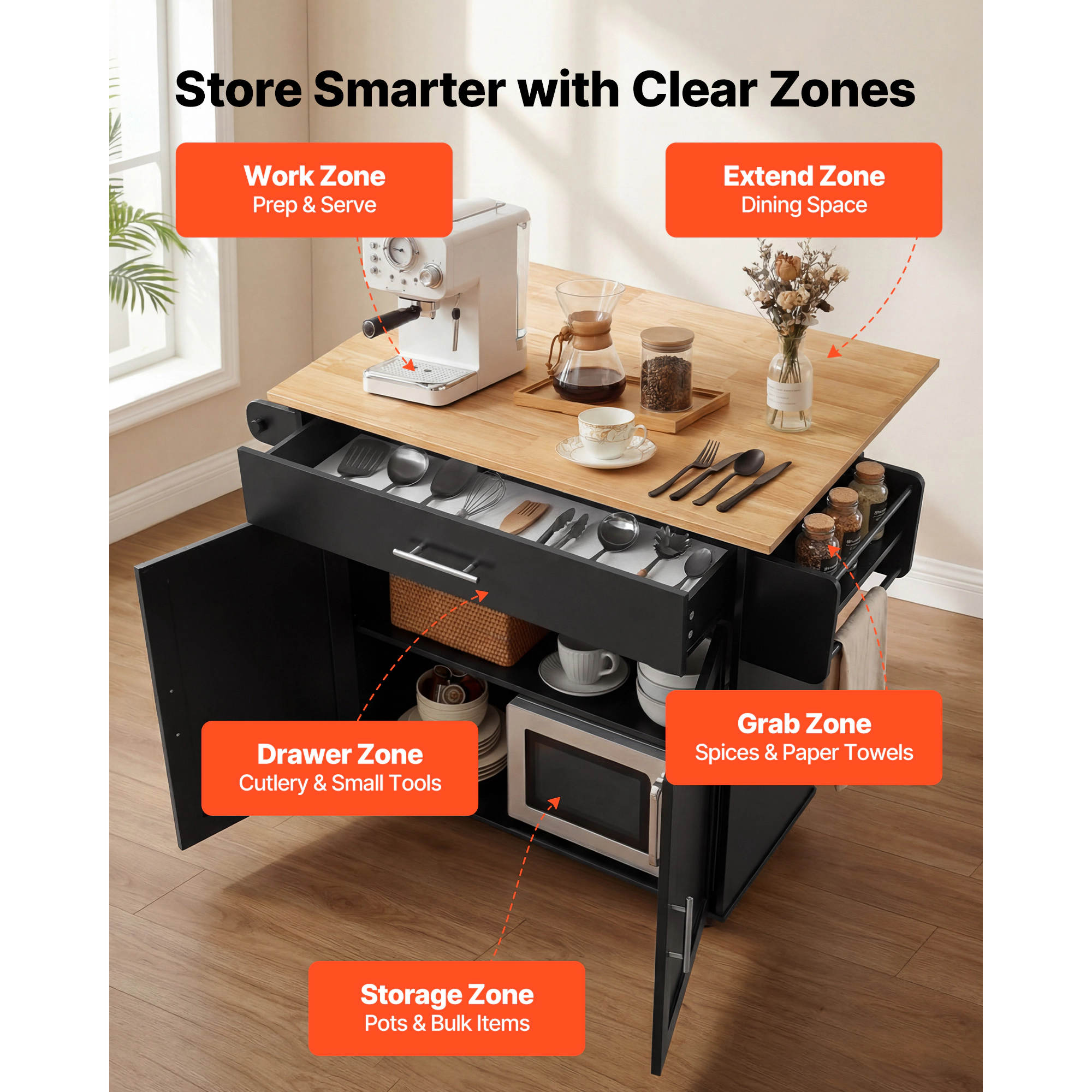 HONGGE Kitchen Island Cart with Storage 42.28 Wide Mobile Rolling on Swivel Wheels Drawer
