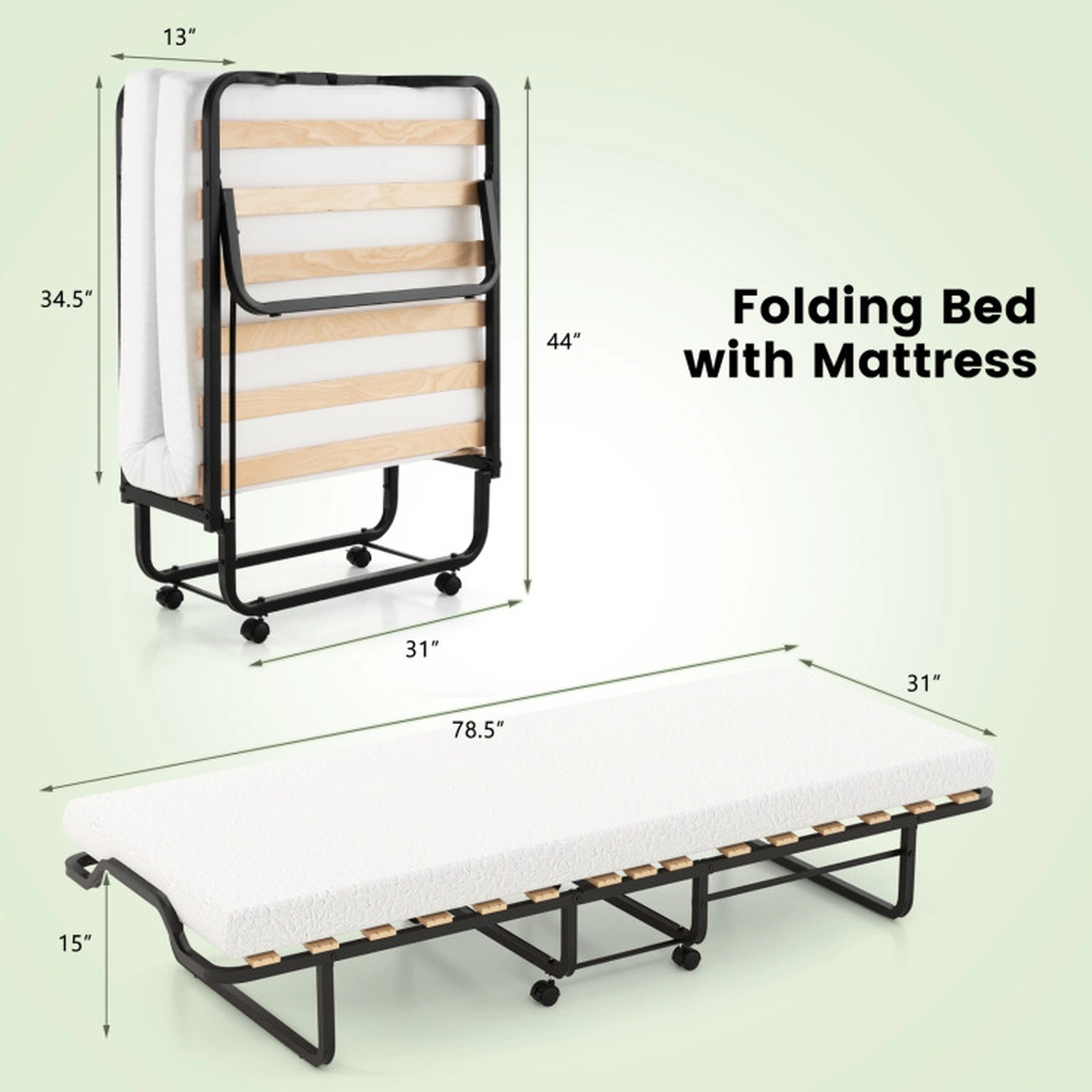 SUGIFT Black 4 Inch Memory Foam Mattress and Locking Wheels Rollaway Folding Guest Bed