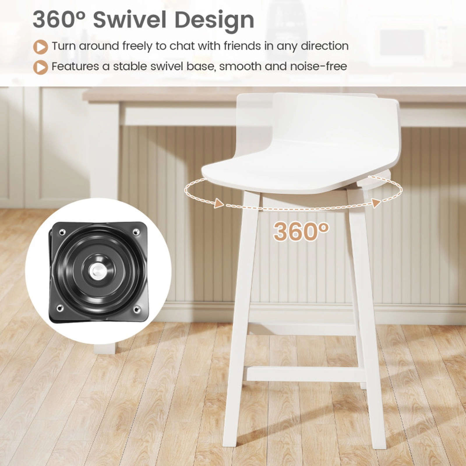 SUGIFT 24.5-in Seat Height Swivel Wooden Bar Stools Set of 2 with Rubber Wood Legs 350-lb Capacity Low Back White