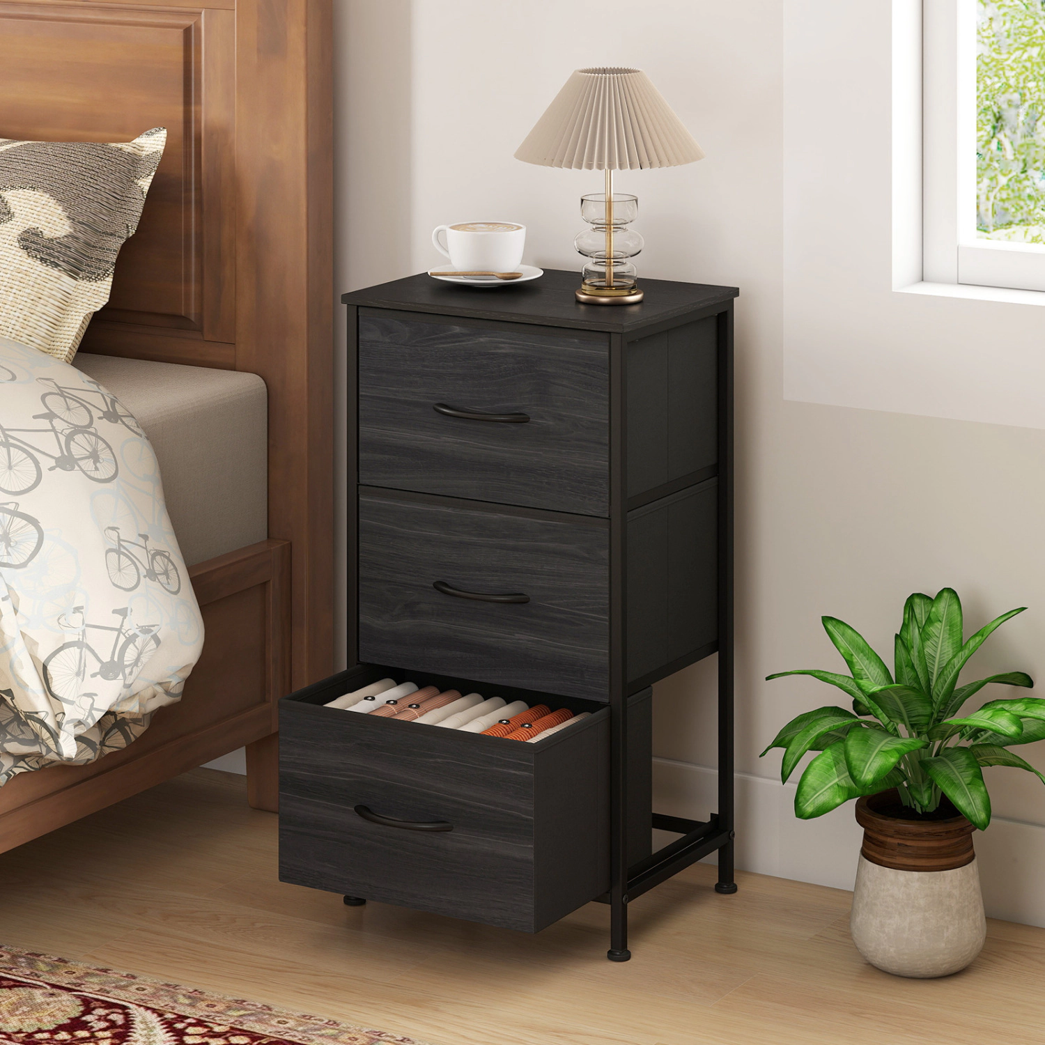 LJG Dresser Nightstand with Roomy Fabric Drawers for Bedroom Storage Cabinet Metal Frame