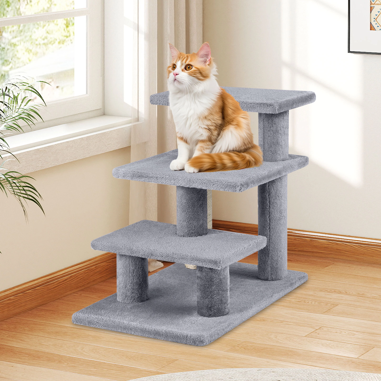 SUGIFT 18.5-in Gray 3-Tier Cat Stairs Pet Steps for High Bed and Sofa with Sisal Posts and Plush Treads