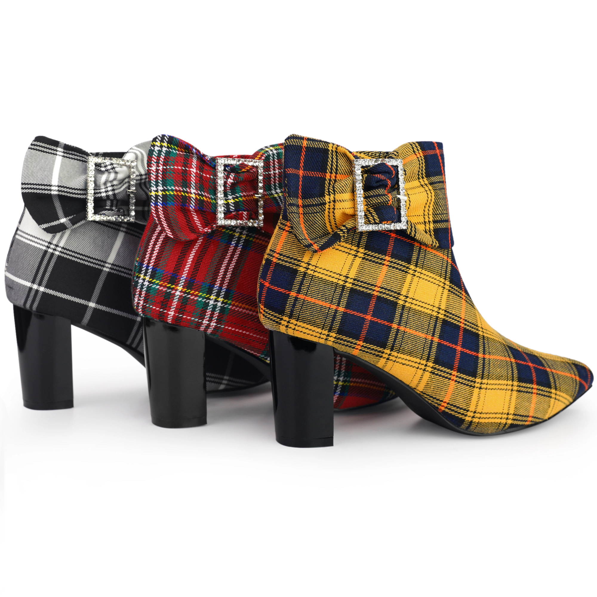 BLISSFUL STEP Women's Pointy Toe Rhinestone Bow Plaid Chunky Heel Ankle Boots