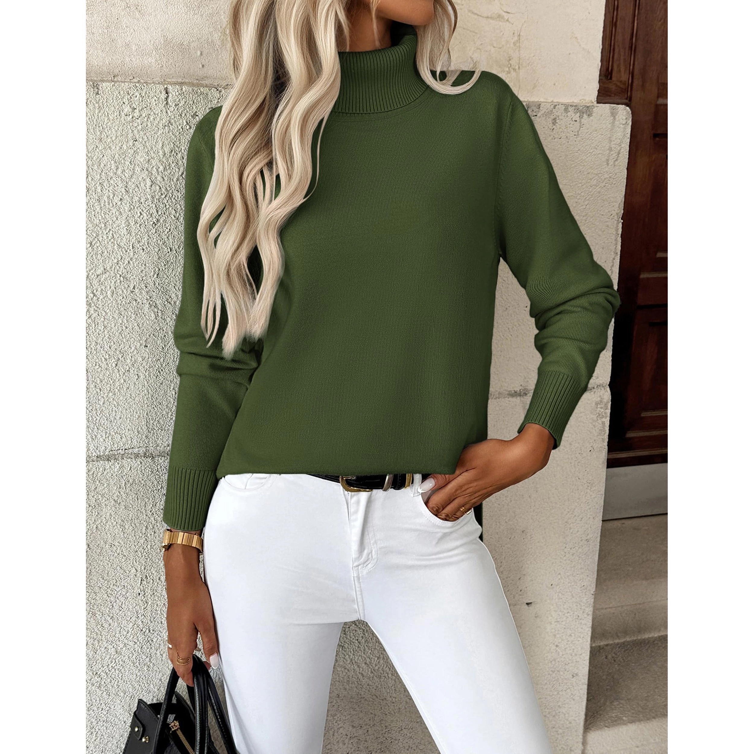Zeagoo Women's Turtleneck Long Sleeve Split Hem Chunky Knit Pullover