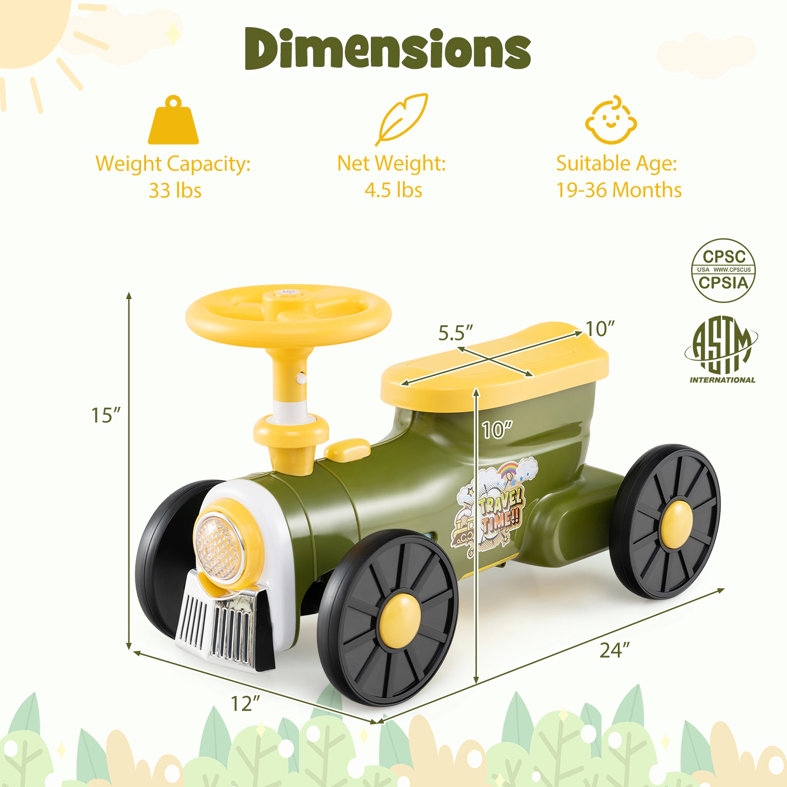 Toddler Ride on Toy Train Whistle Sound Button Steering Wheel Under Seat Storage 19-36 Months 33-lb Capacity
