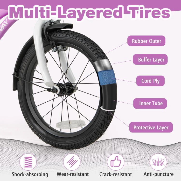 SUGIFT Purple 2 Brakes Detachable Training Wheels and Bell Kids 16 Inch Training Bicycle