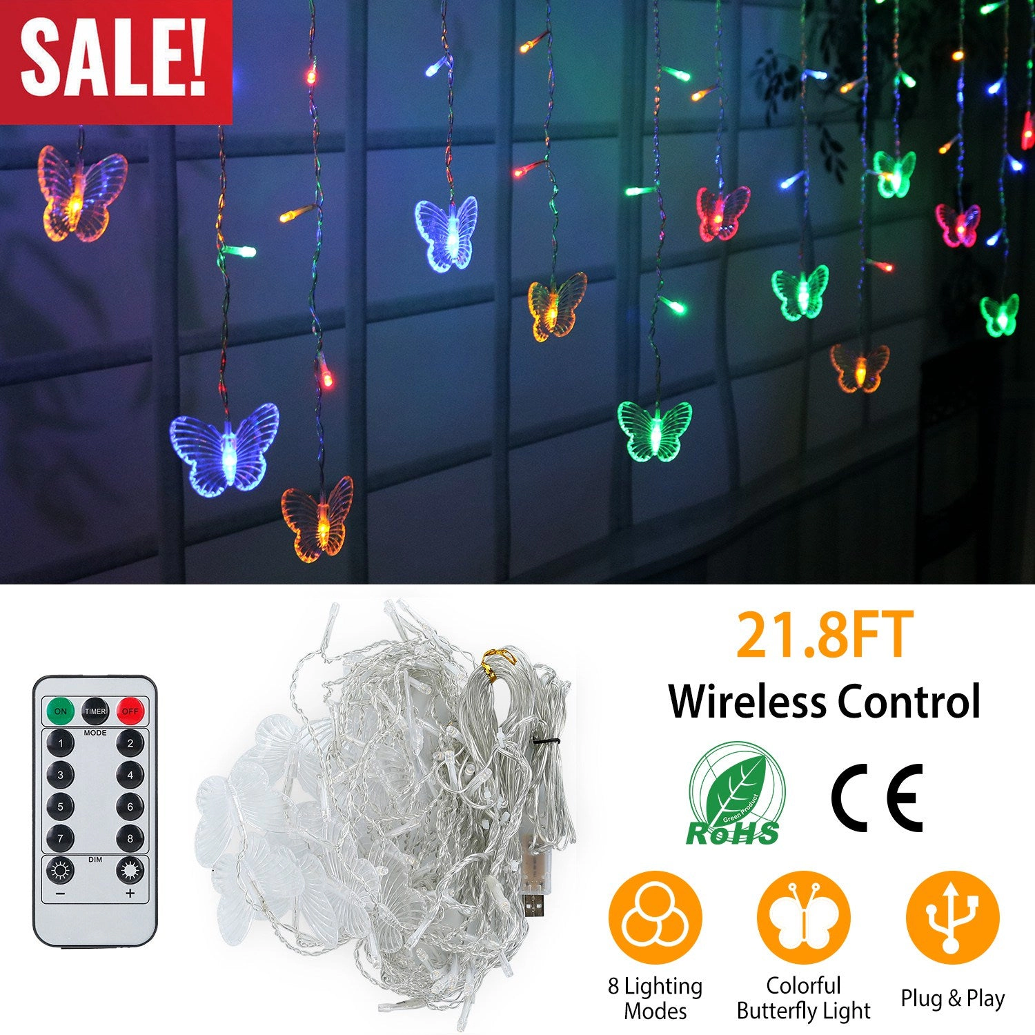 GBruno USB Butterfly Curtain String Lights